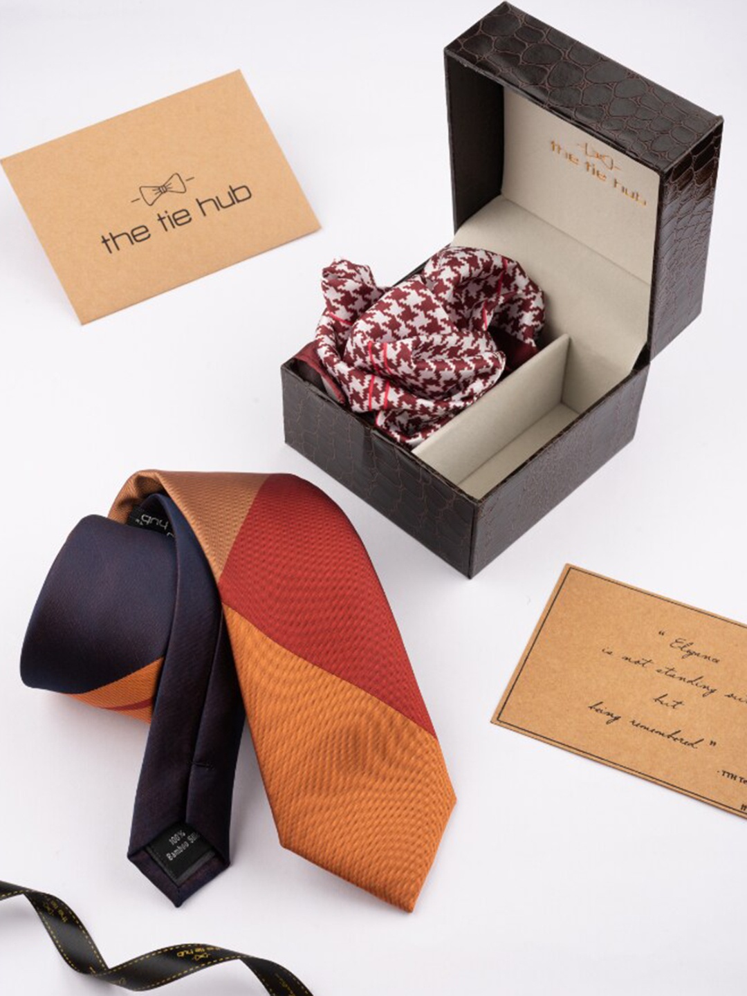 

The Tie Hub Men Colourblocked Necktie With Checked Pocket Square Accessory Gift Set, Orange