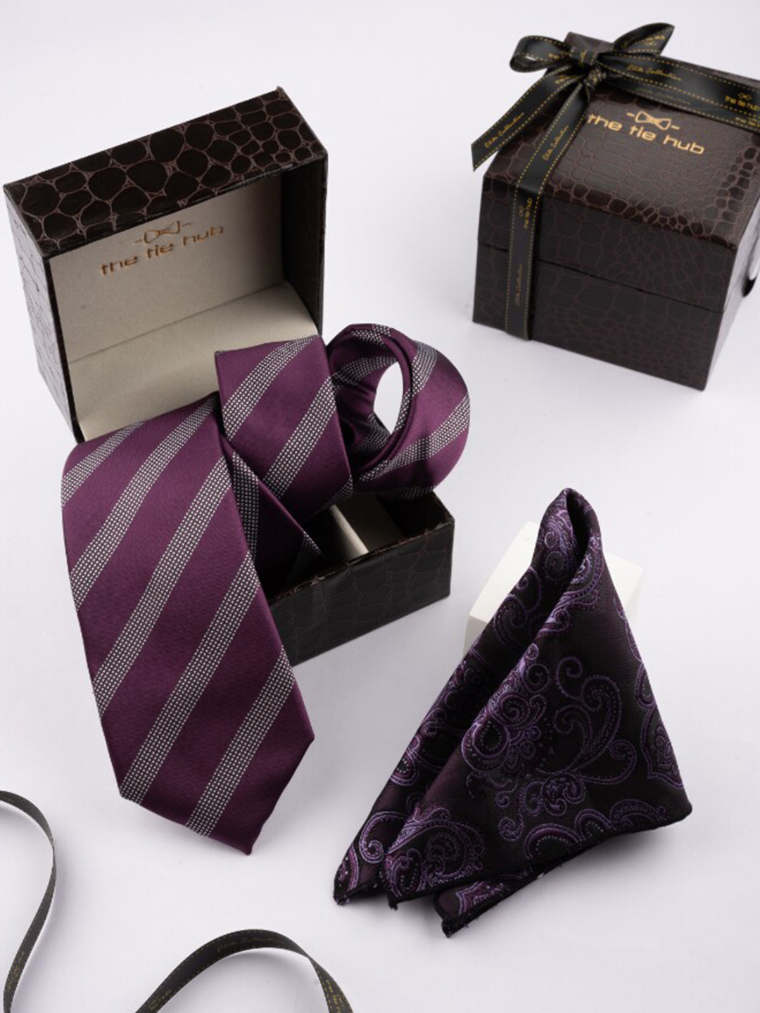

The Tie Hub Men Stripe Necktie with Pocket Square Accessory Gift Set, Purple
