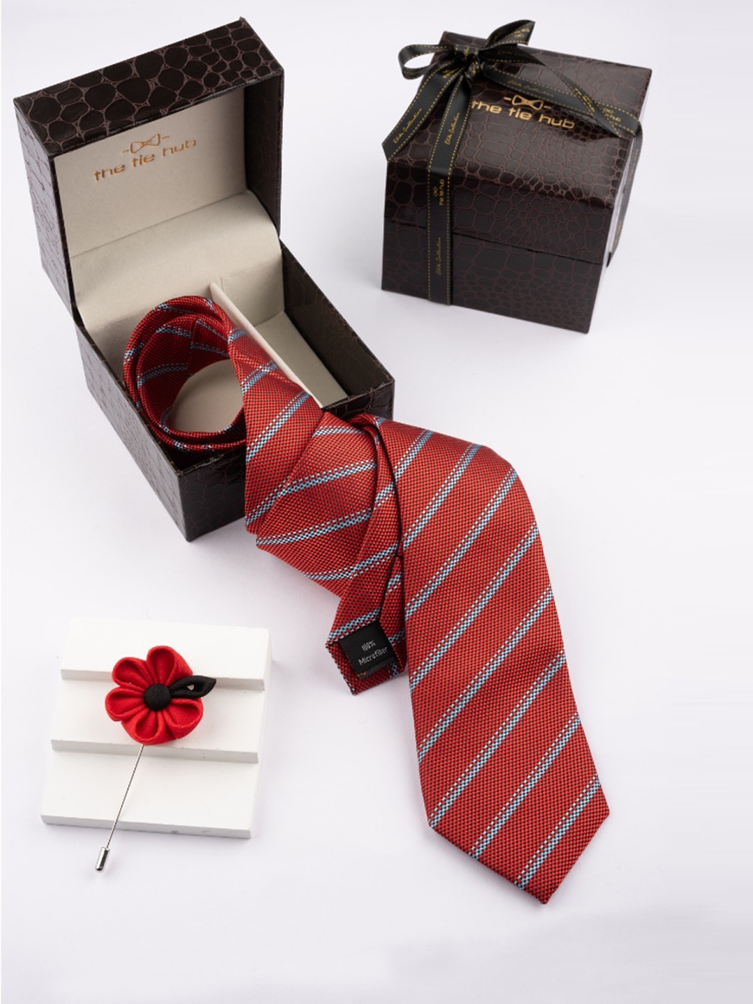 

The Tie Hub Men Striped Tie With Flower Lapel Pin Accessory Gift Set, Red
