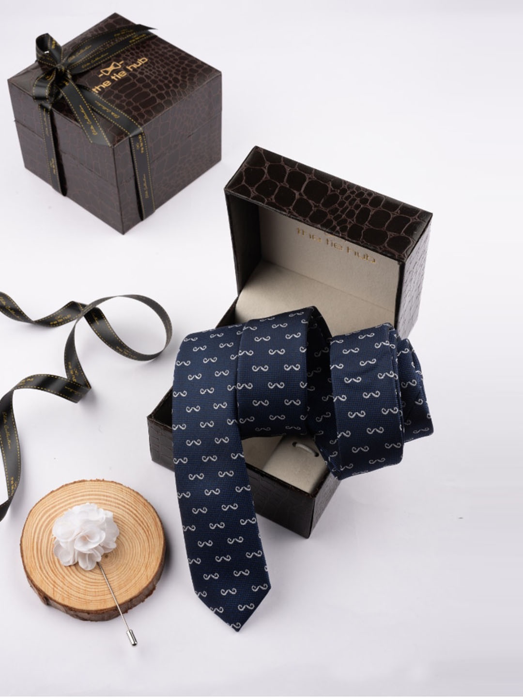 

The Tie Hub Men Conversational Printed Necktie With Flower Lapel Accessory Gift Set, Navy blue