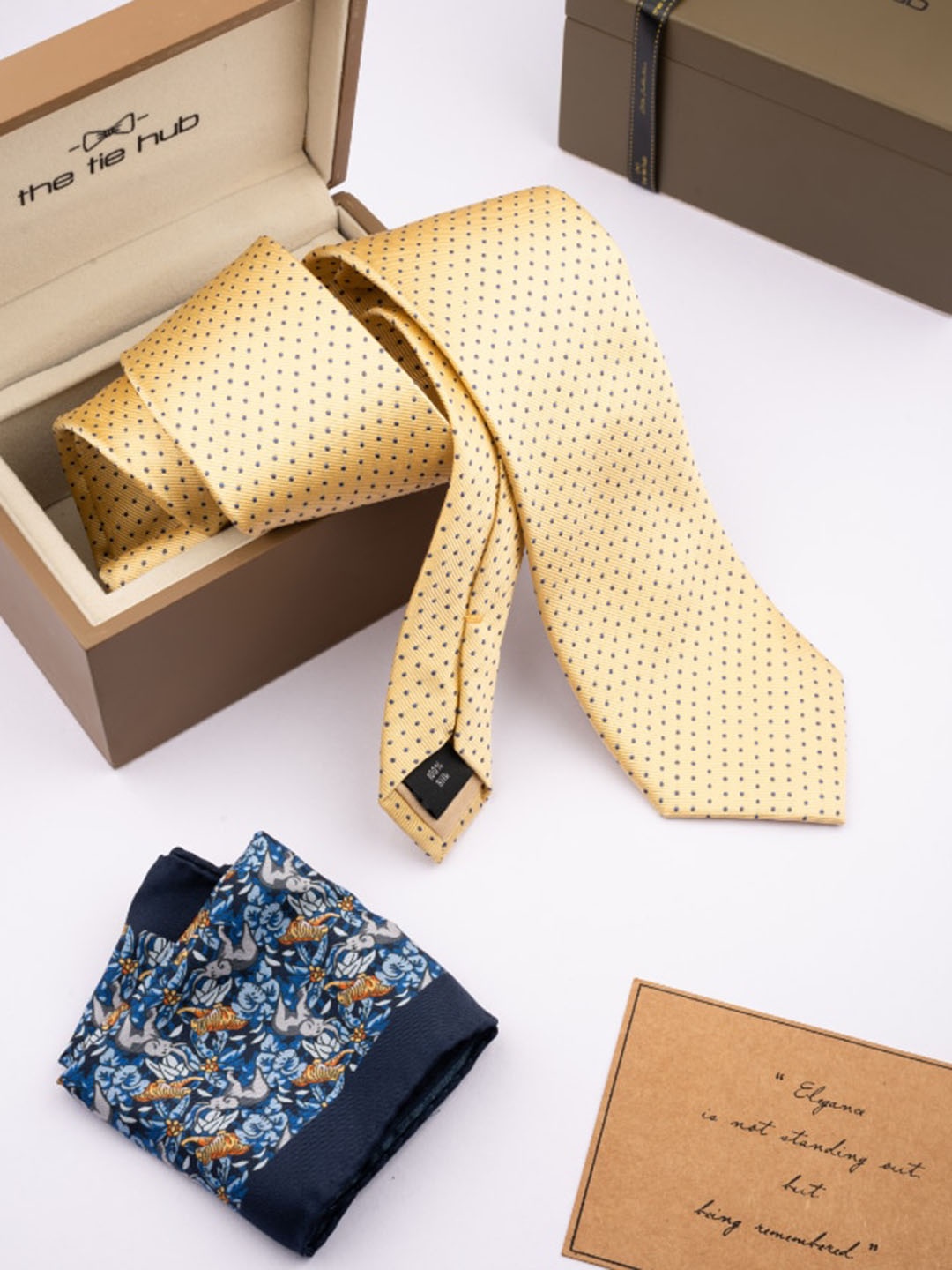 

The Tie Hub Men Woven Design Silk Necktie With Pocket Square Combo Set, Yellow