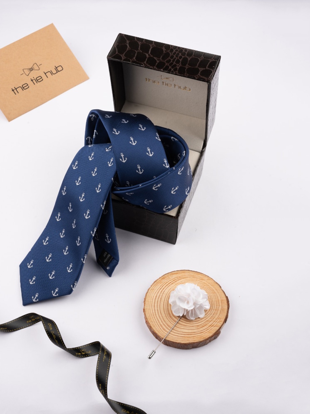 

The Tie Hub Men Printed Necktie & Flower Lapel Pin, Navy blue