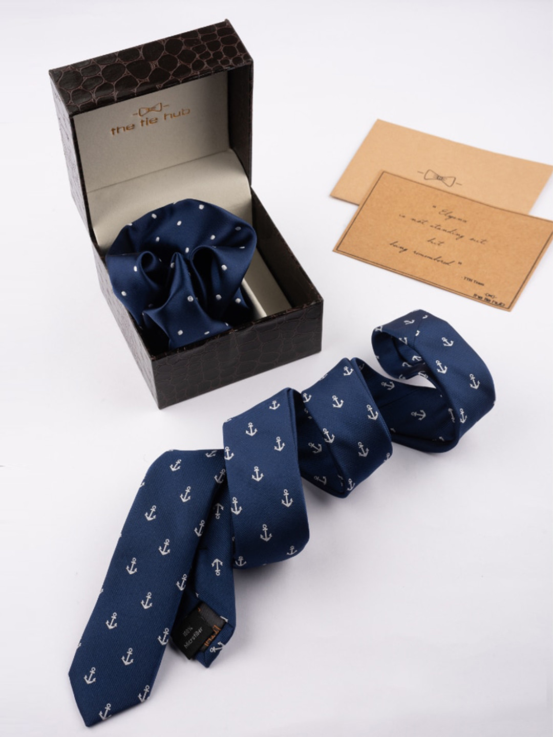 

The Tie Hub Men Woven Design Necktie With Pocket Square Combo Set, Navy blue