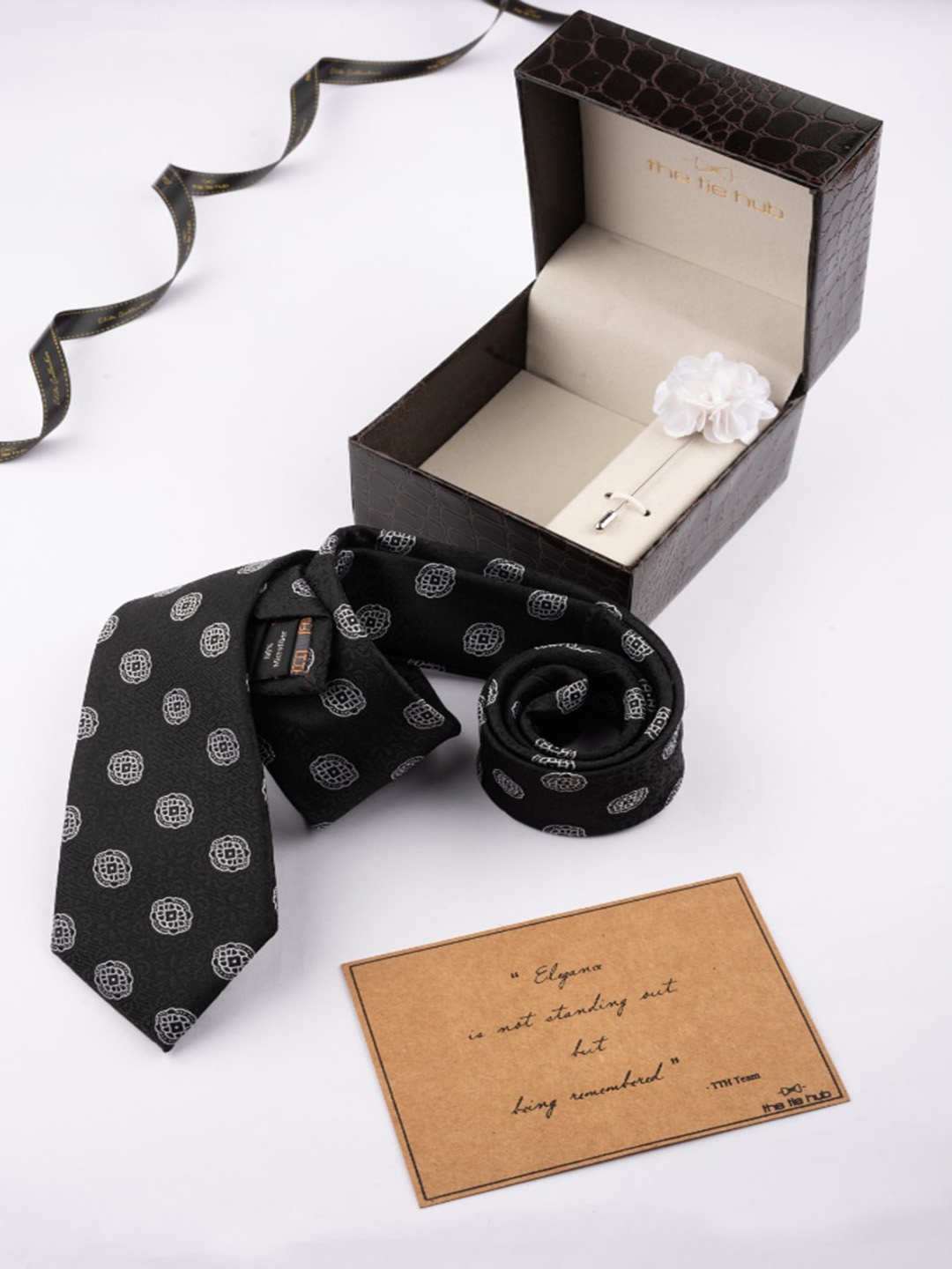 

The Tie Hub Men Printed Necktie With Flower Lapel Pin Accessory Gift Set, Black