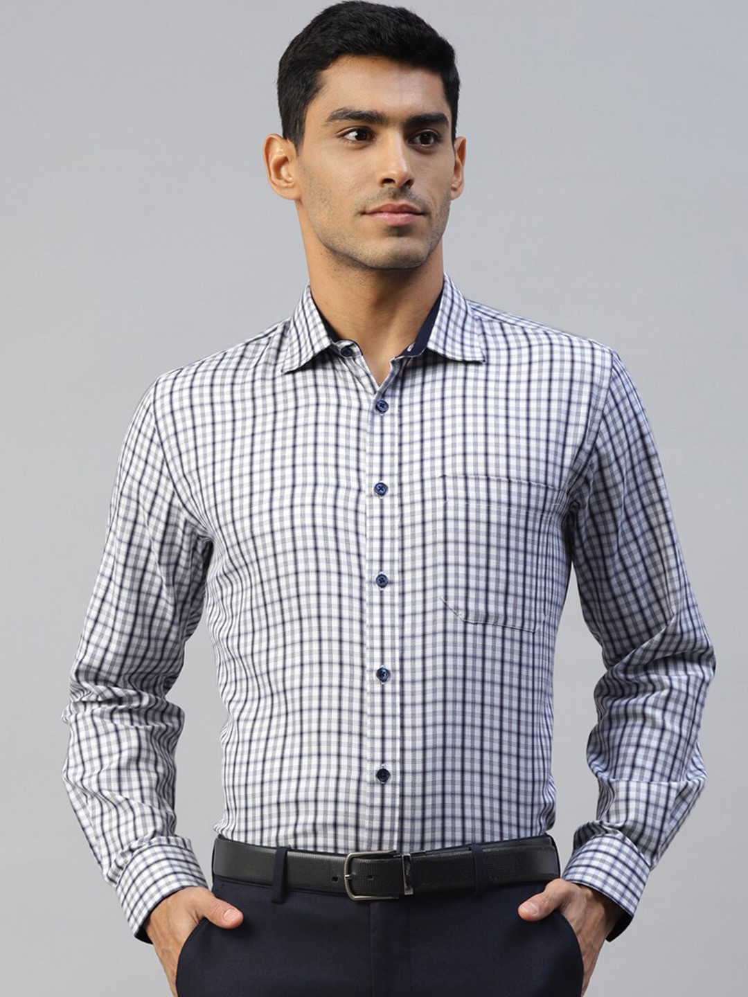 

DON VINO Comfort Slim Fit Tartan Checked Cotton Formal Shirt, Navy blue
