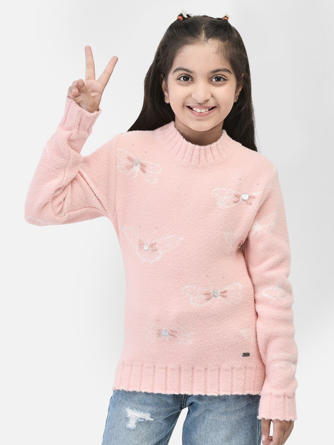 

Crimsoune Club Girls Embroidered Embellished Pullover Sweater, Peach