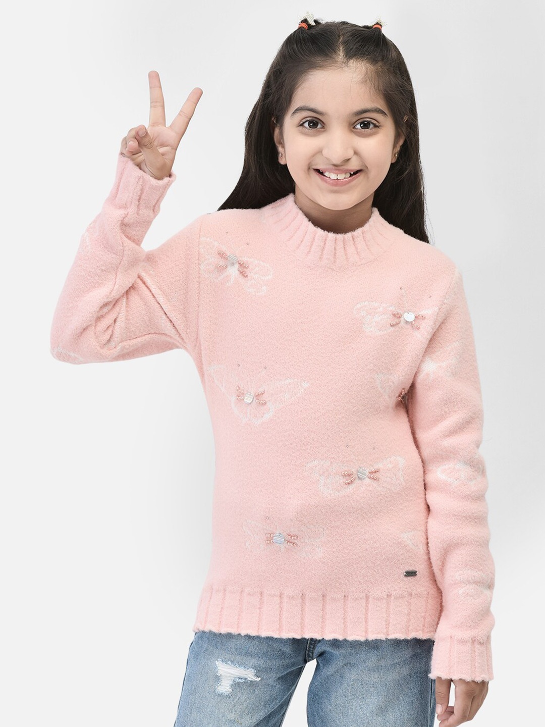 

Crimsoune Club Girls Embroidered Embellished Pullover Sweater, Peach