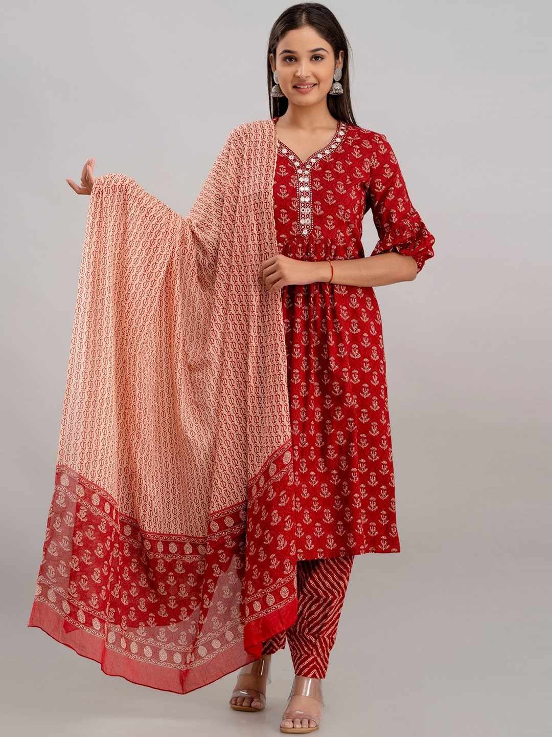 

Women Touch Floral Printed Regular Mirror Work Pure Cotton Kurta With Trousers & Dupatta, Maroon