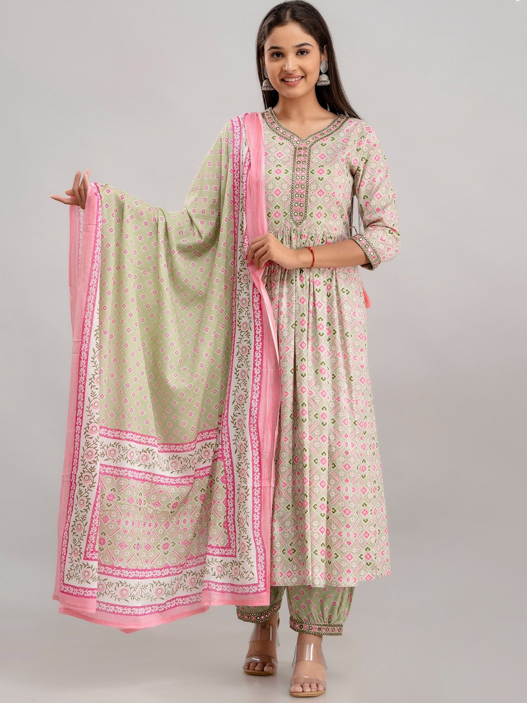 

Women Touch Ethnic Motif Printed Pure Cotton A-Line Kurta & Trousers With Dupatta, Green