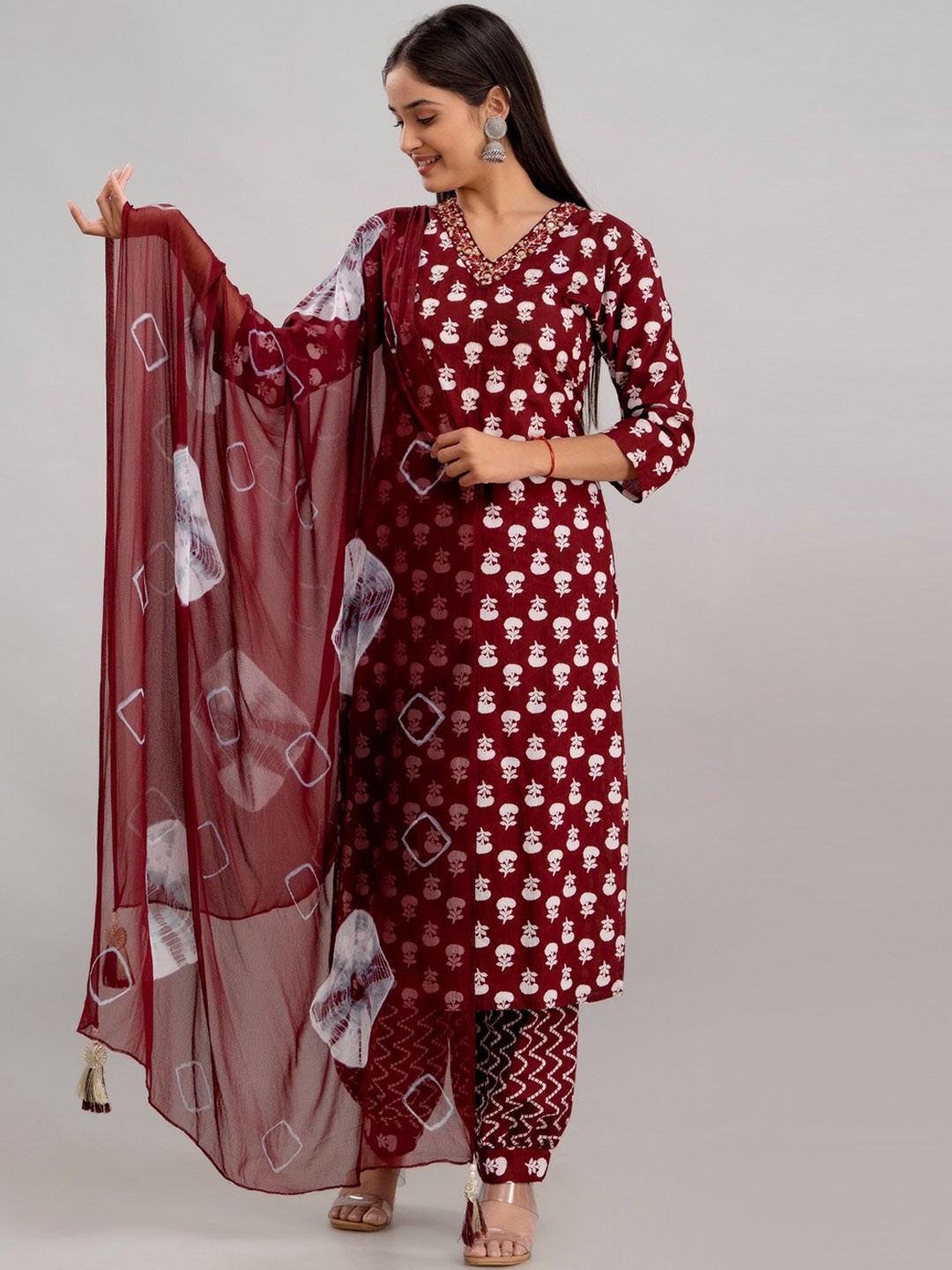 

Women Touch Ethnic Motifs Printed Regular Thread Work Kurta With Salwar & With Dupatta, Maroon