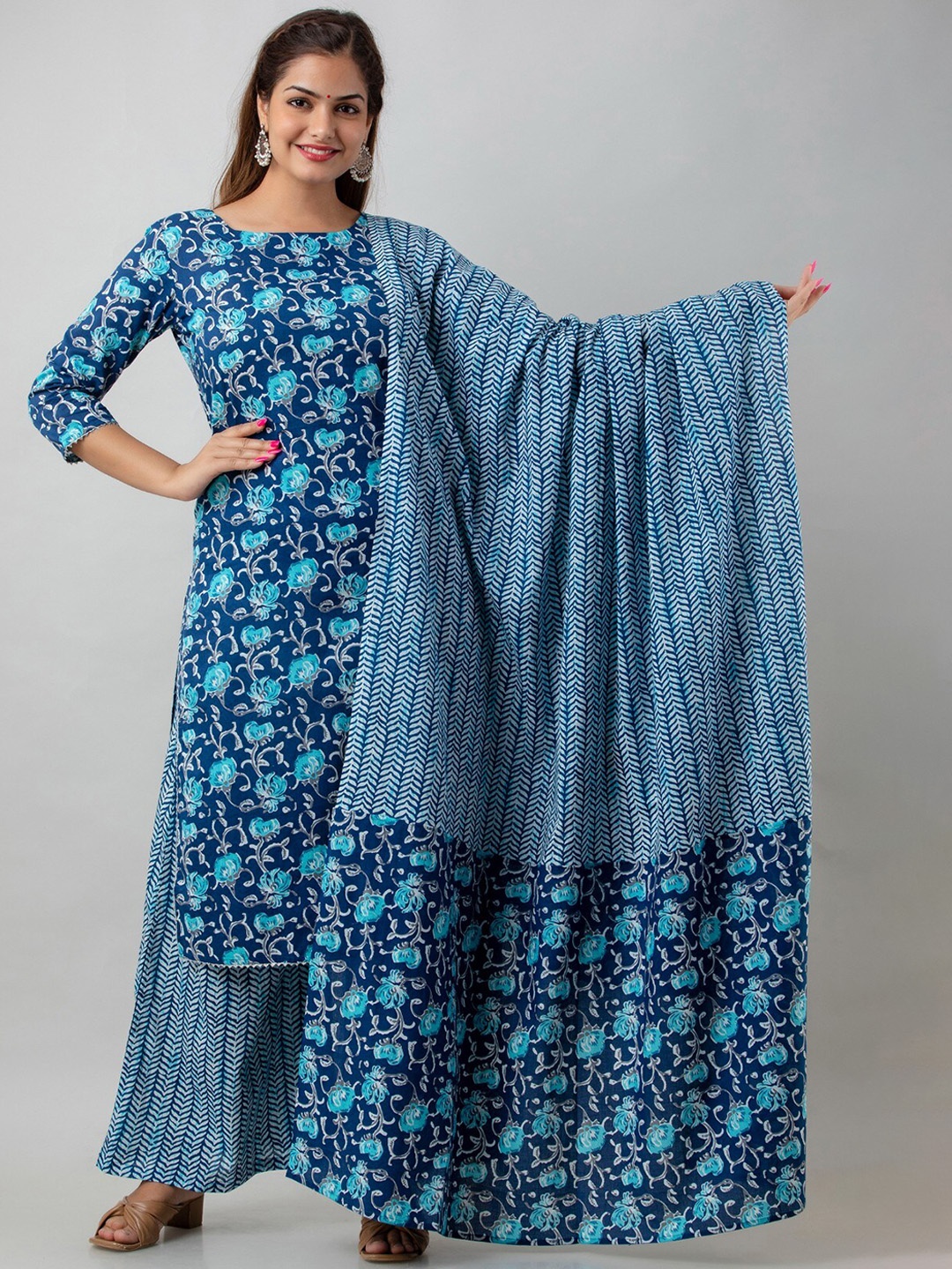 

Women Touch Floral Printed Thread Work Pure Cotton Kurta With Palazzos & Dupatta, Blue