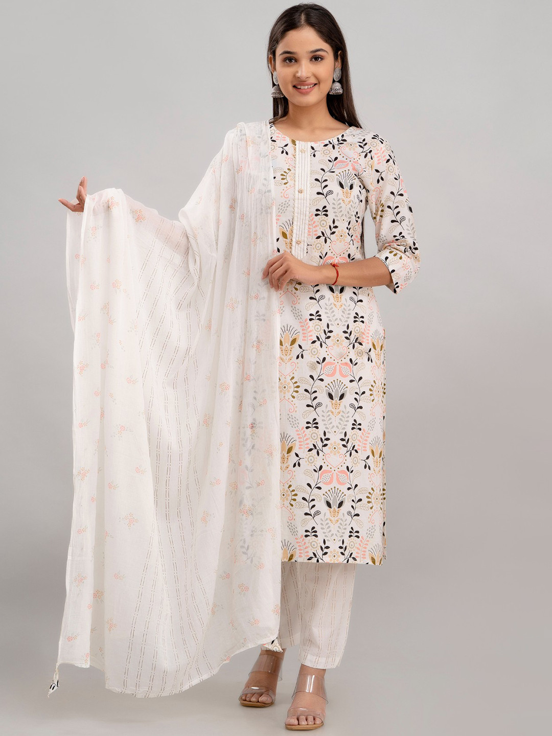 

Women Touch Floral Printed Regular Pure Cotton Straight Kurta & Trousers With Dupatta, White