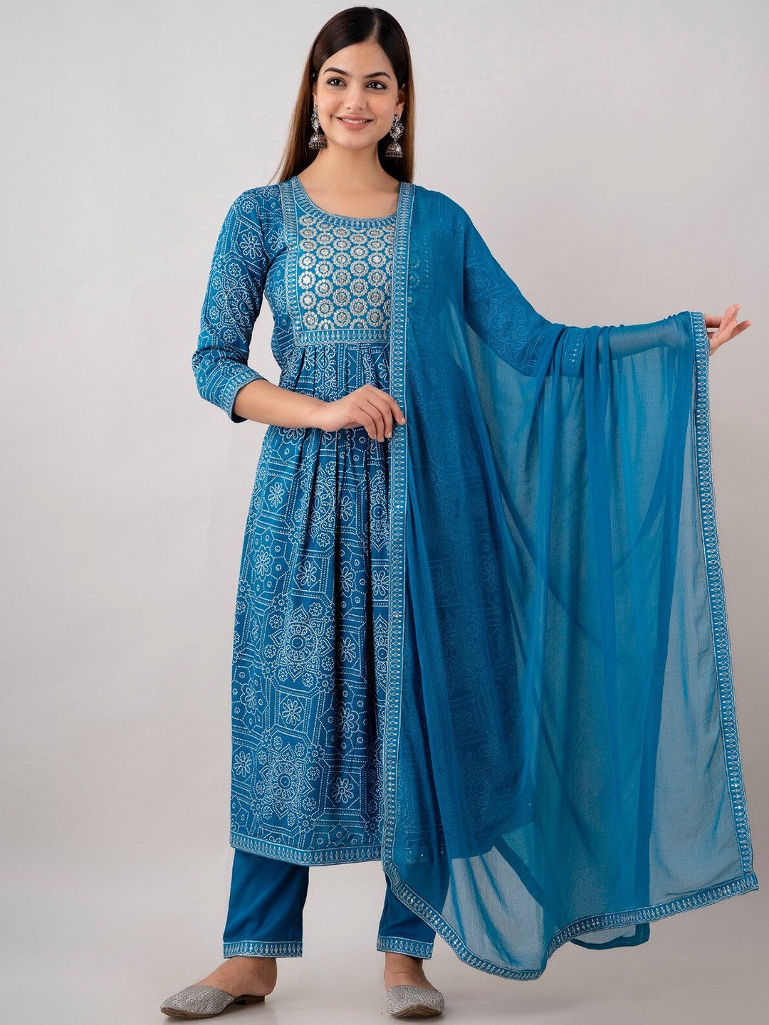 

Women Touch Floral Printed Regular Thread Work Kurta With Trousers & Dupatta, Blue