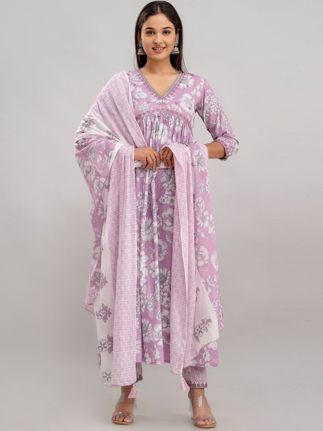

Women Touch Floral Printed Empire Thread Work Pure Cotton Kurta with Trousers & Dupatta, Purple