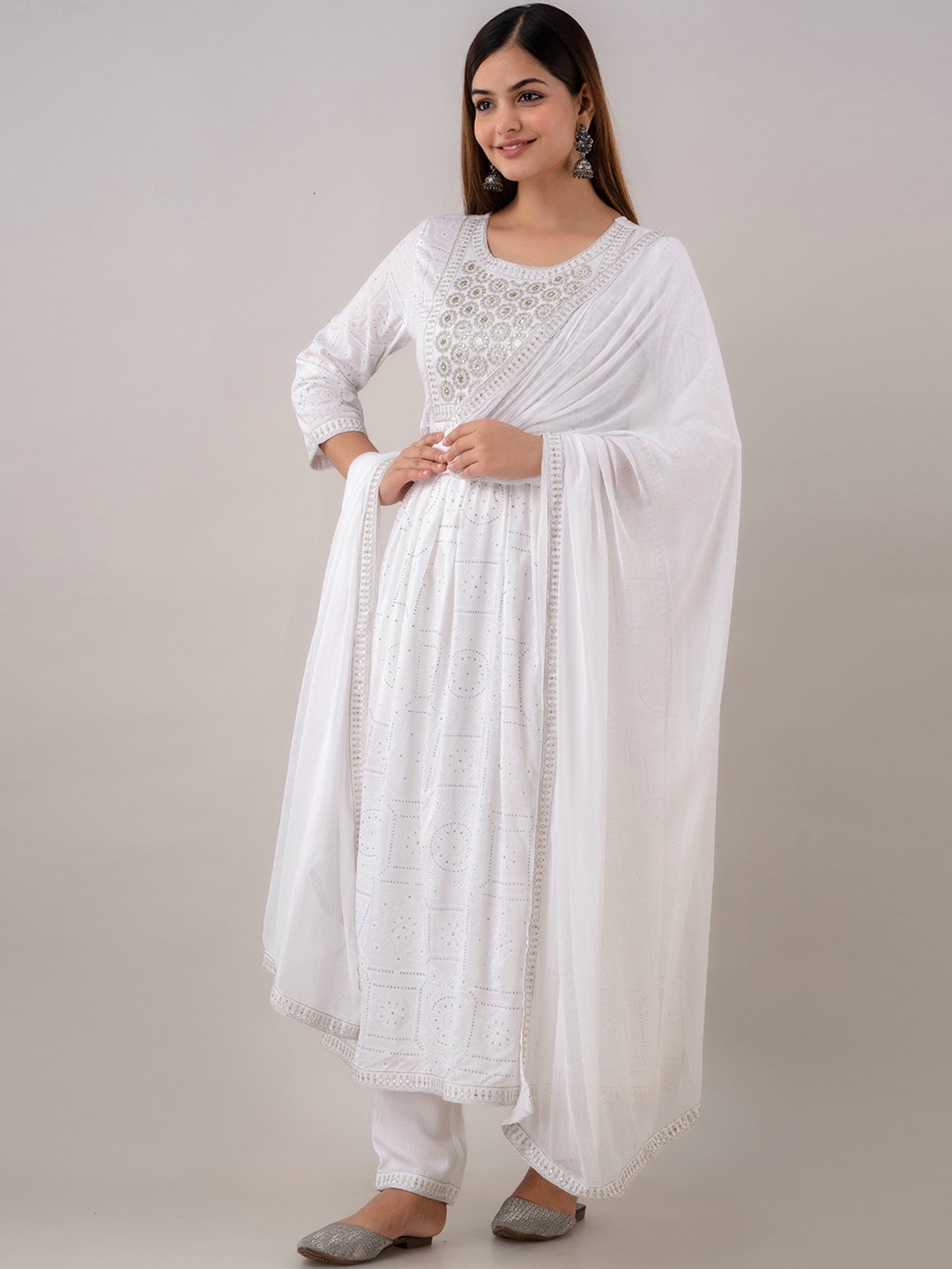 

Women Touch White Ethnic Motifs Printed Empire Sequinned Kurta With Trousers & Dupatta