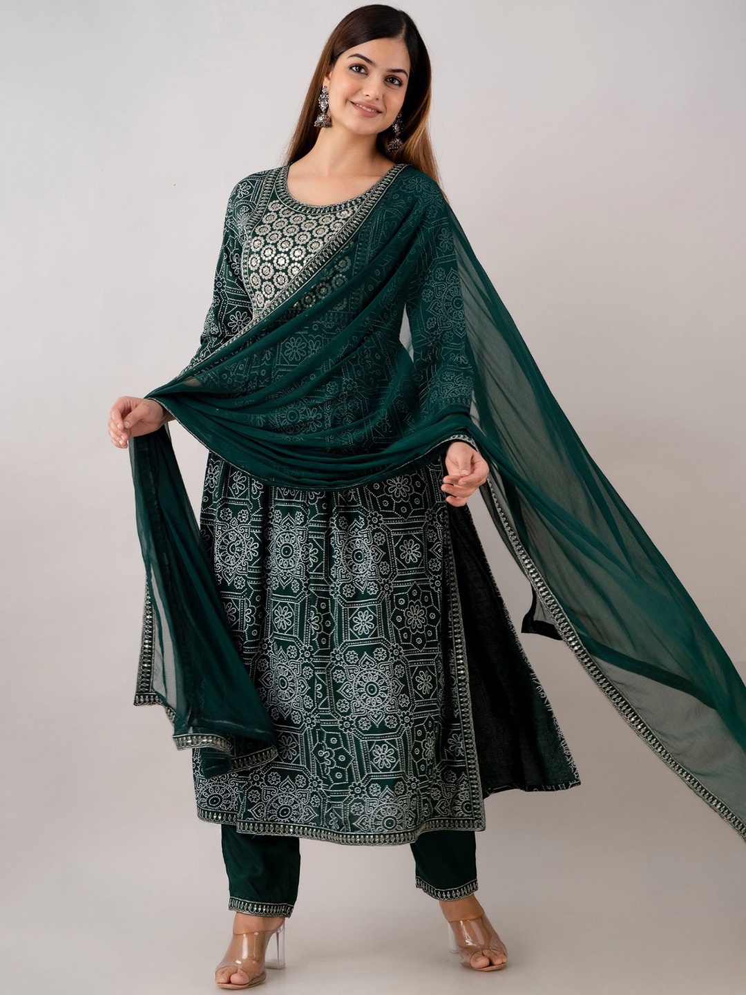 

Women Touch Bandhani Printed Empire Sequinned Kurta With Trousers & Dupatta, Green