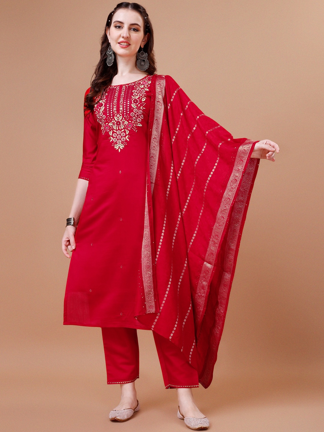 

KALINI Floral Yoke Design Mirror Work Chanderi Silk Kurta with Trousers & Dupatta, Red