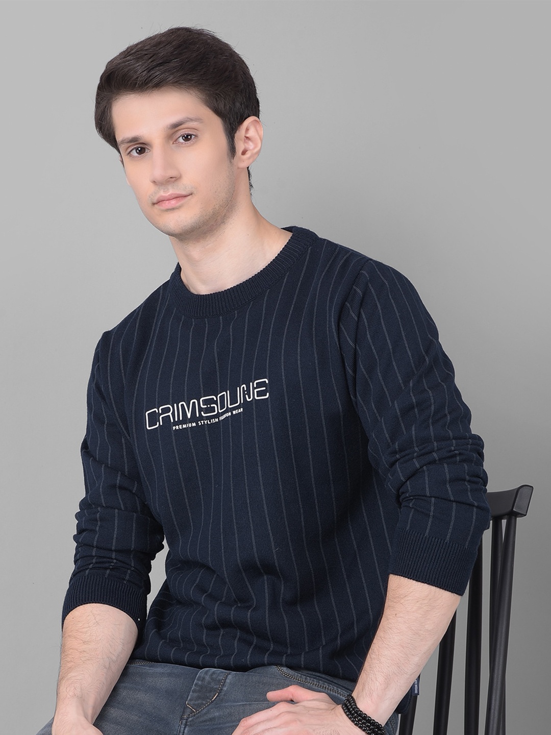 

Crimsoune Club Striped Ribbed Acrylic Pullover Sweater, Navy blue