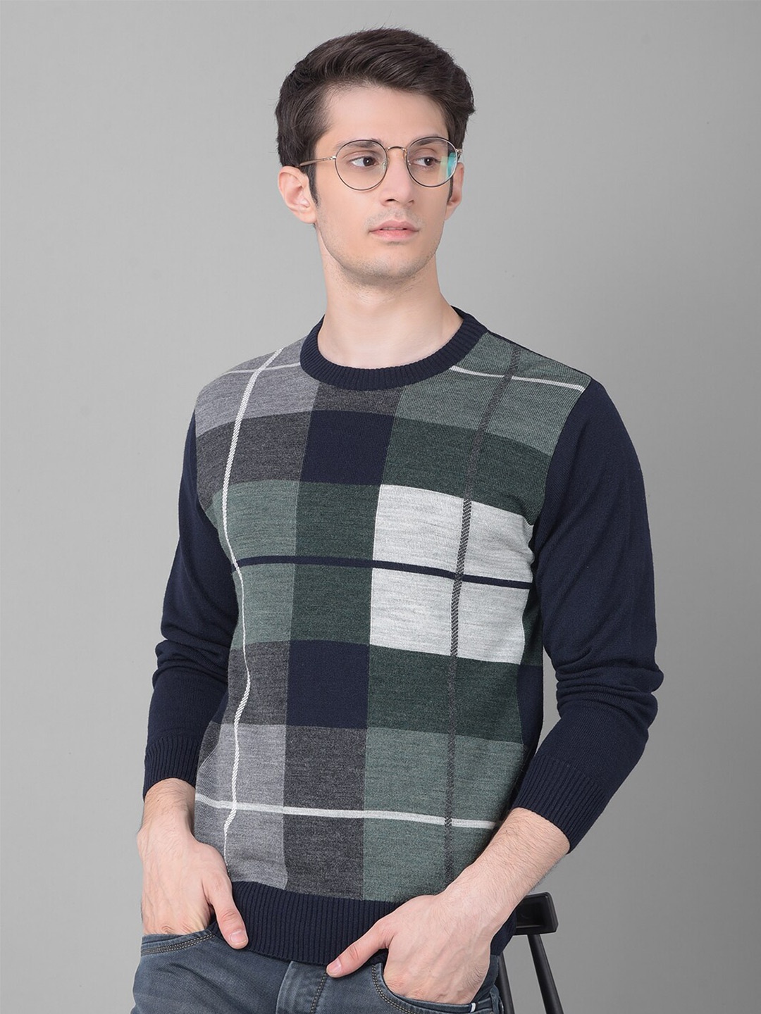 

Crimsoune Club Round Neck Checked Acrylic Pullover, Navy blue