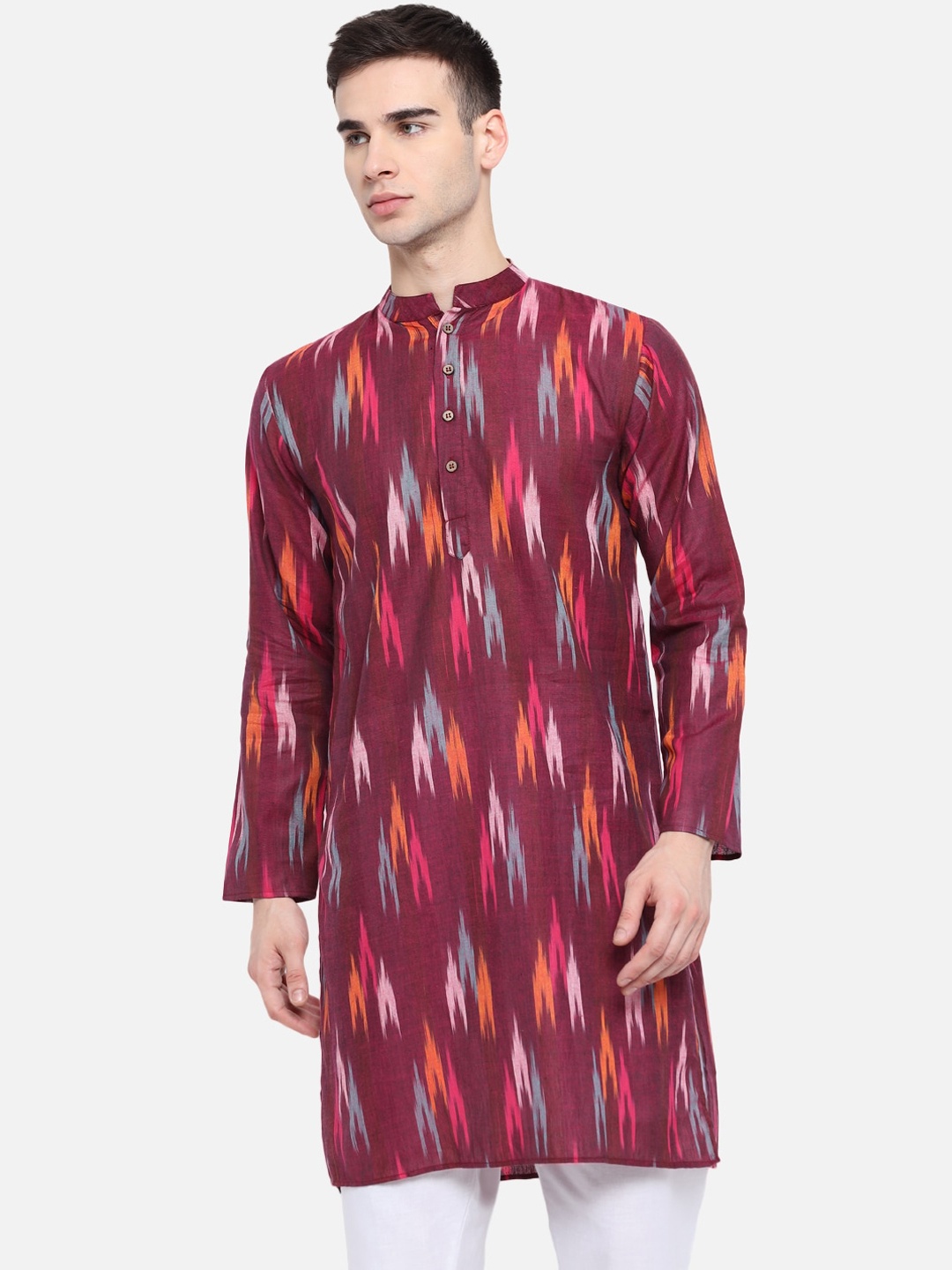 

Vastraa Fusion Ethnic Motifs Woven Design Ikat Pure Cotton Straight Kurta With Pyjamas, Purple