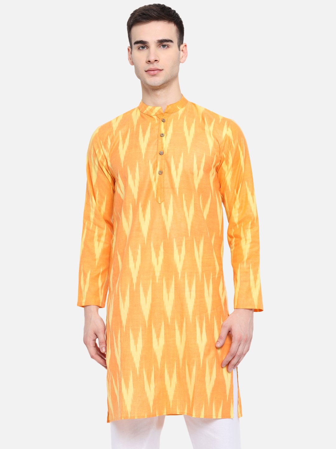 

Vastraa Fusion Ethnic Motifs Woven Design Ikat Pure Cotton Straight Kurta With Pyjamas, Orange