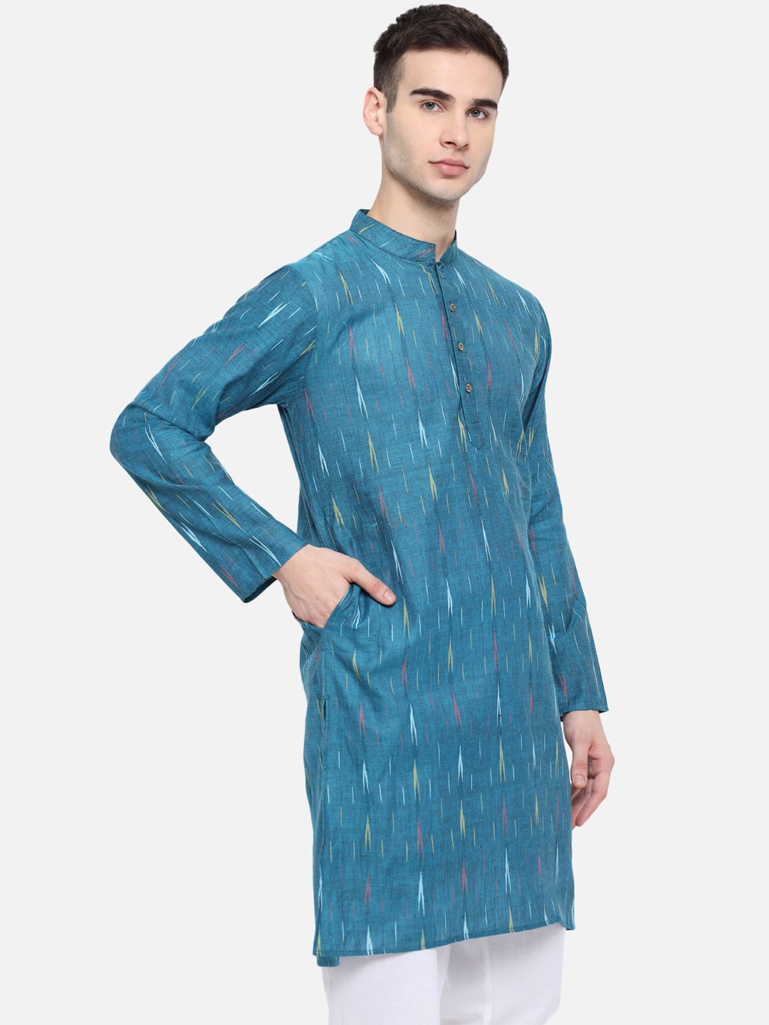 

Vastraa Fusion Ethnic Motifs Woven Design Ikat Pure Cotton Straight Kurta With Pyjamas, Blue