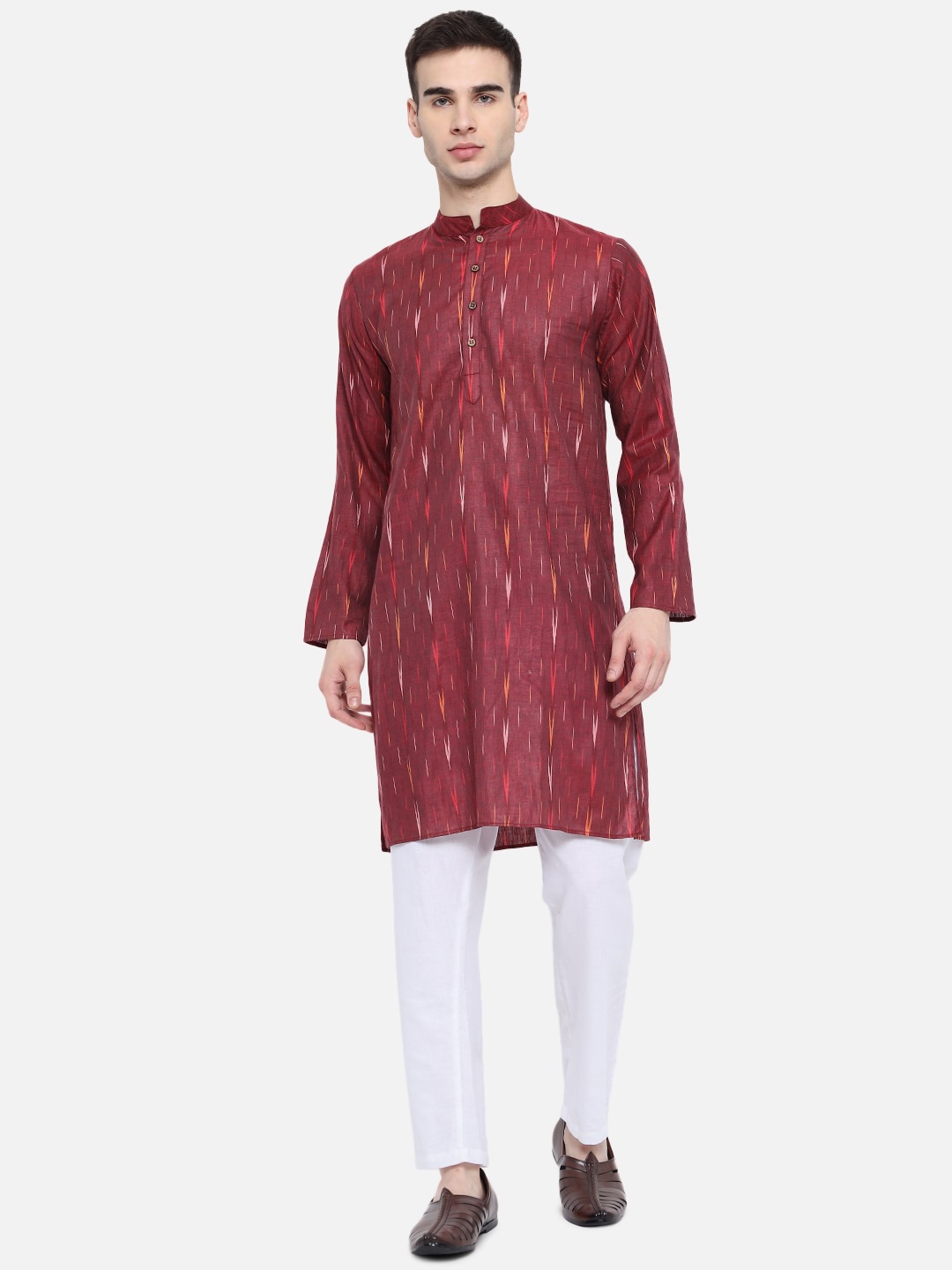 

Vastraa Fusion Ethnic Motifs Woven Design Ikat Pure Cotton Straight Kurta With Pyjamas, Maroon