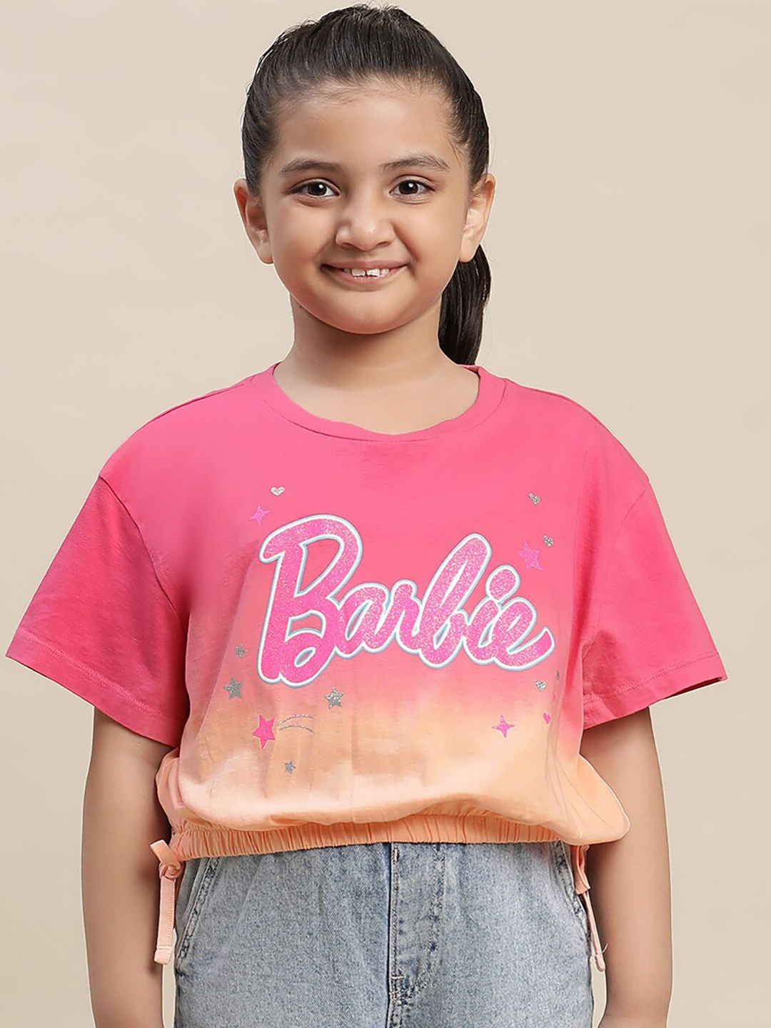 

Kids Ville Girls Barbie Printed Pure Cotton Regular Top, Pink