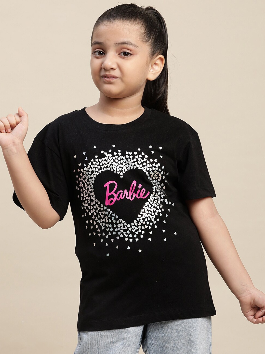 

Kids Ville Girls Barbie Printed Cotton T-shirt, Black