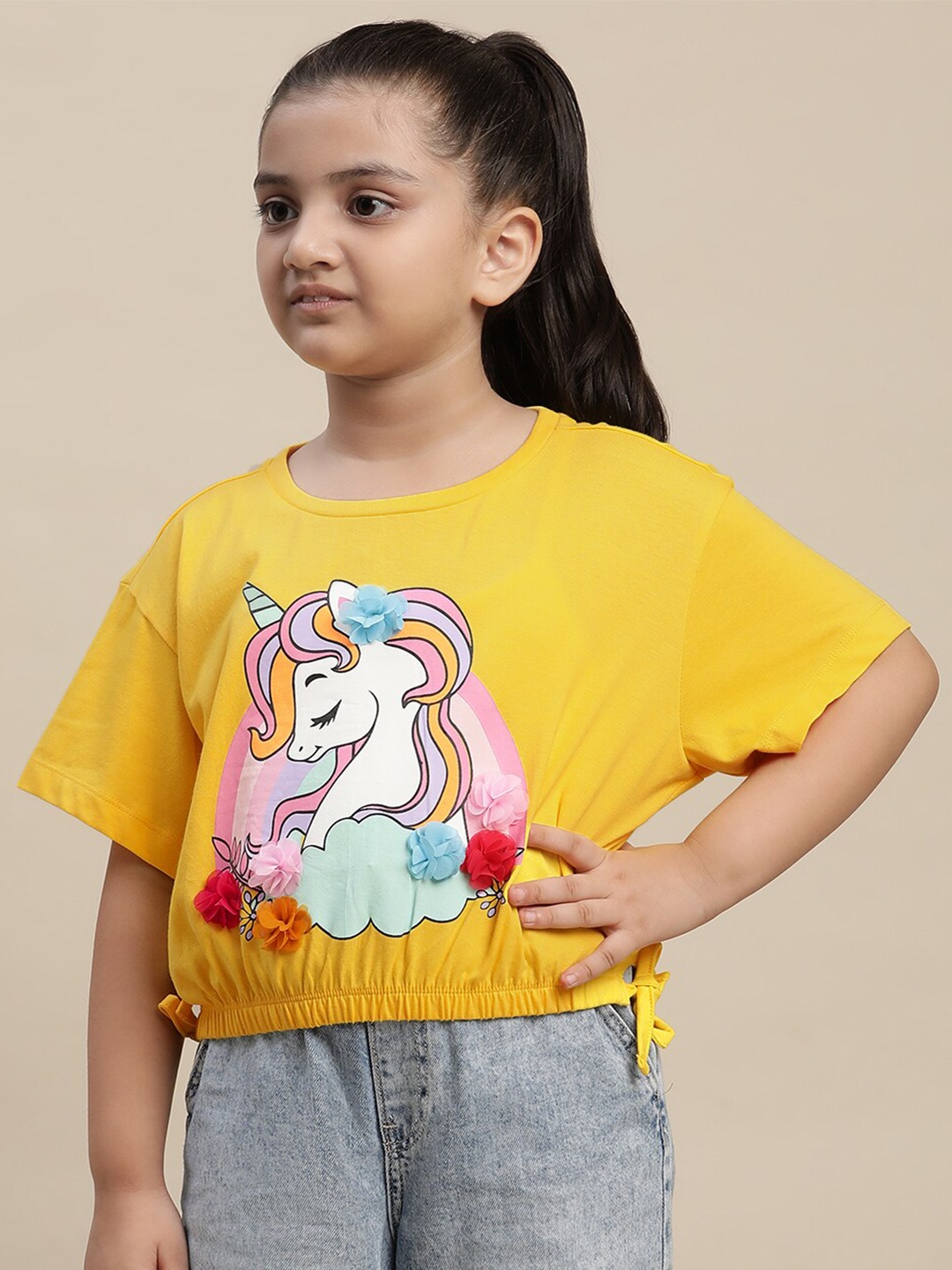 

Kids Ville Girls Graphic Printed Applique Pure Cotton Regular Top, Yellow