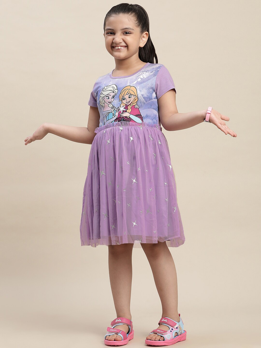 

Kids Ville Girls Elsa & Anna Printed Pure Cotton Fit and Flare Dress, Violet