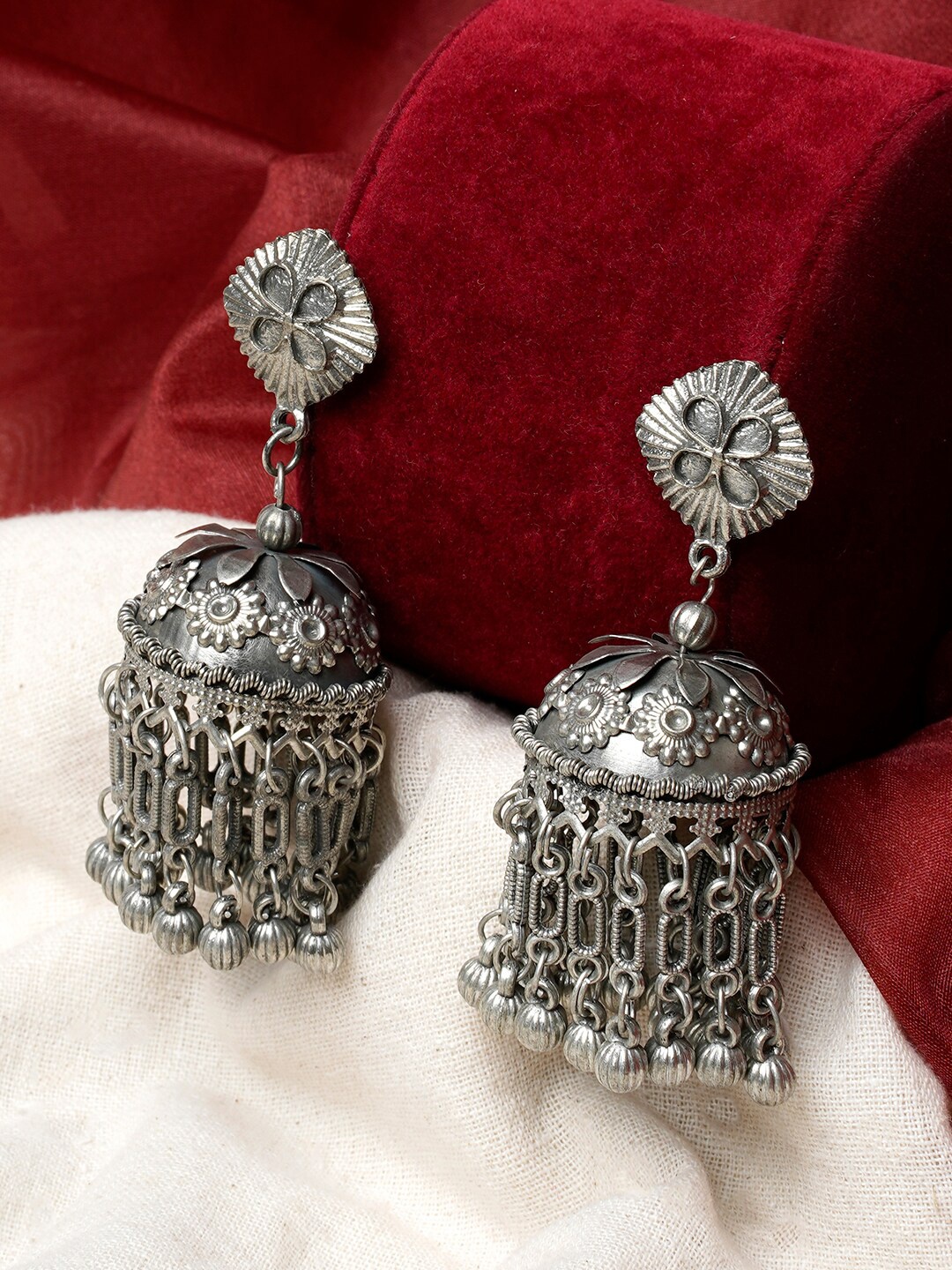 

TEEJH Silver Plated Beaded Oxidised Jhumkas