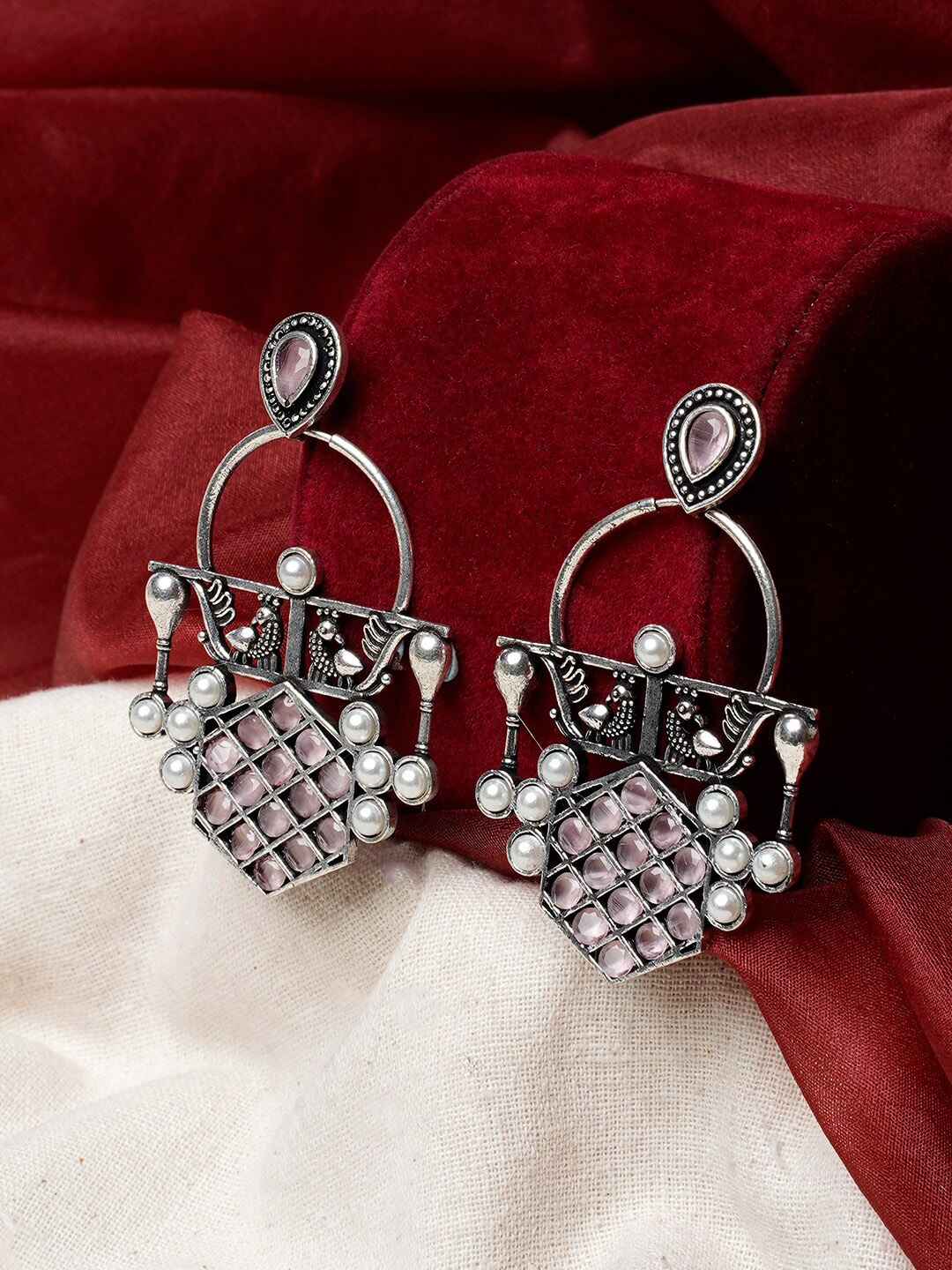 

TEEJH Silver-Plated Beaded Oxidised Drop Earrings