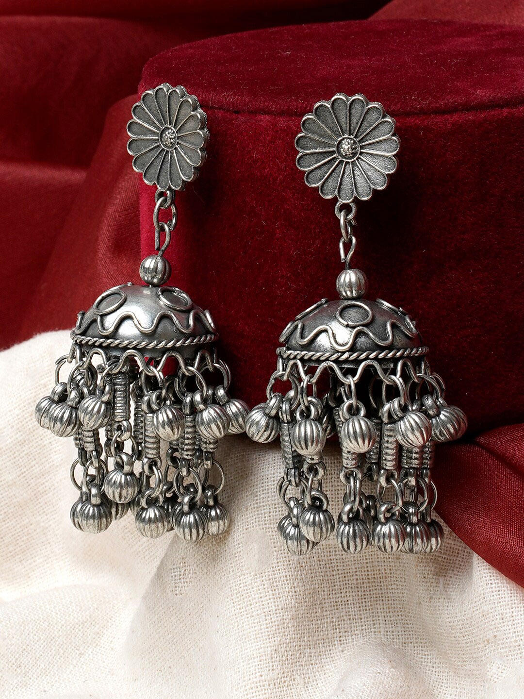 

TEEJH Silver-Plated Beaded Jhumkas Oxidised Jhumkas