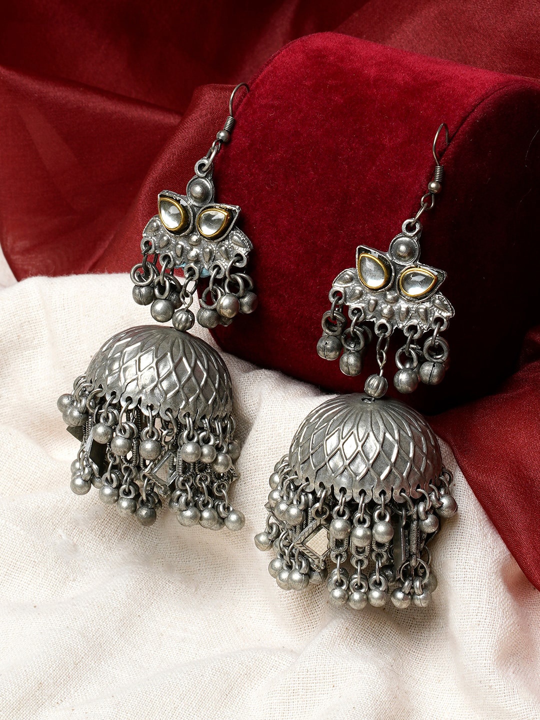 

TEEJH Silver-Plated Oxidised Jhumkas Earrings