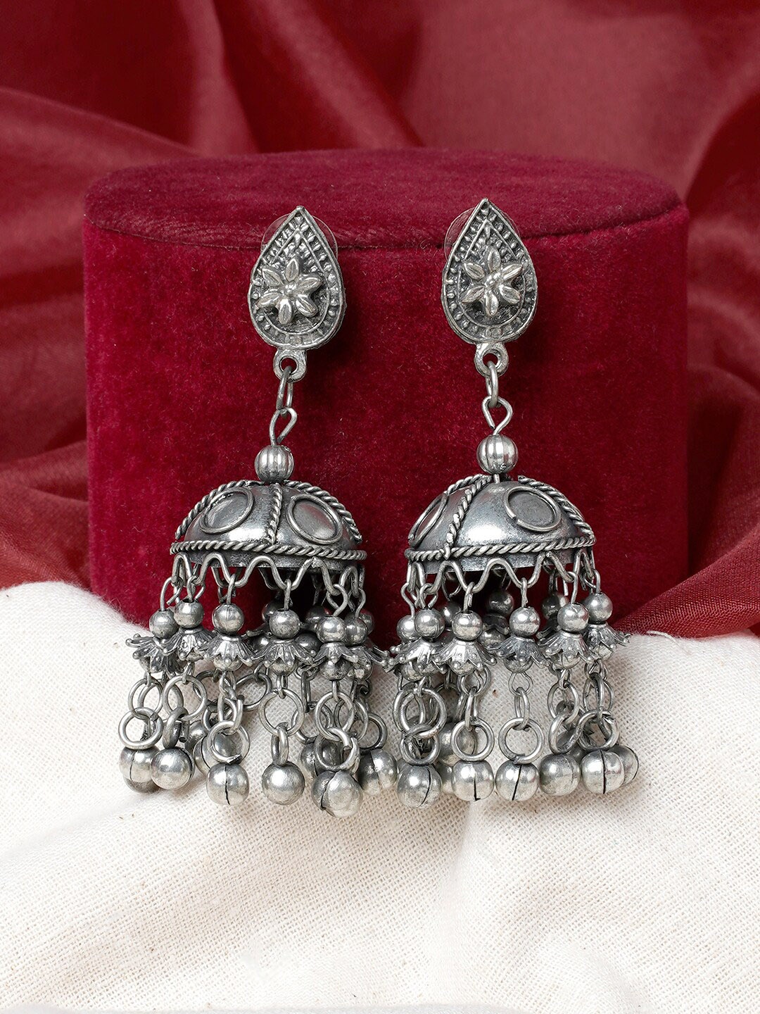 

TEEJH Silver-Plated Oxidised Contemporary Jhumka Earrings