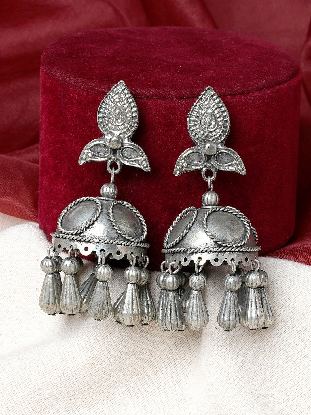 

TEEJH Silver-Plated Dome Shaped Oxidised Jhumkas