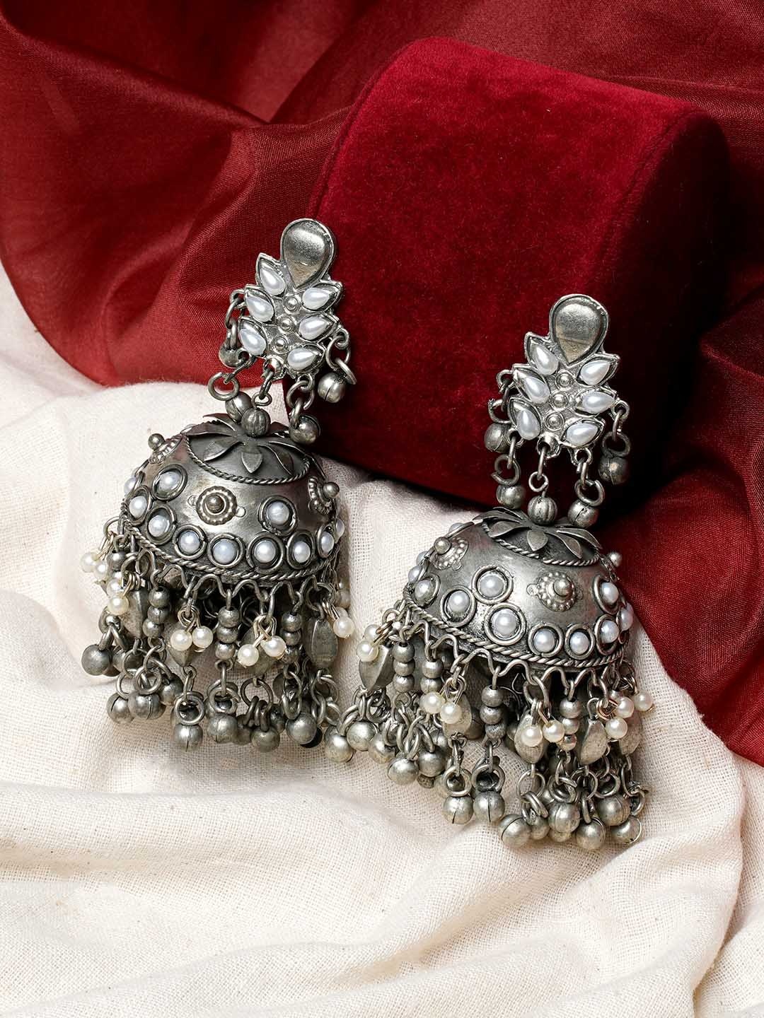 

TEEJH Silver-Plated Beaded Dome-Shaped Jhumkas