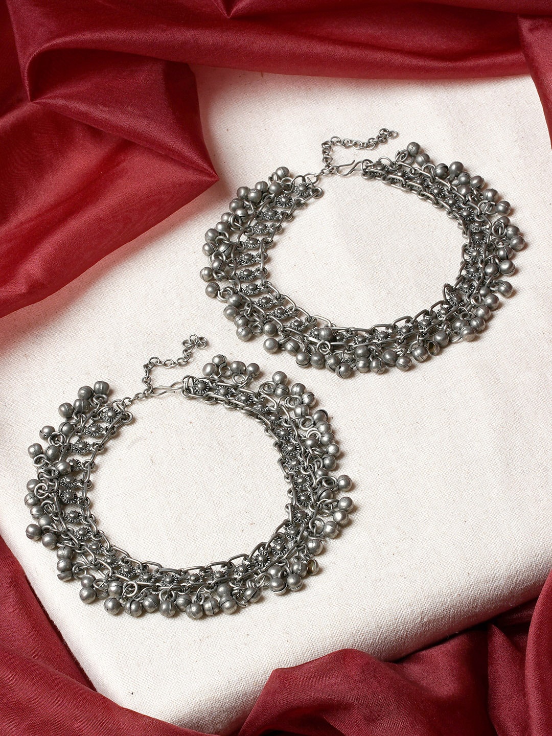 

TEEJH Silver-Plated Oxidised Anklets