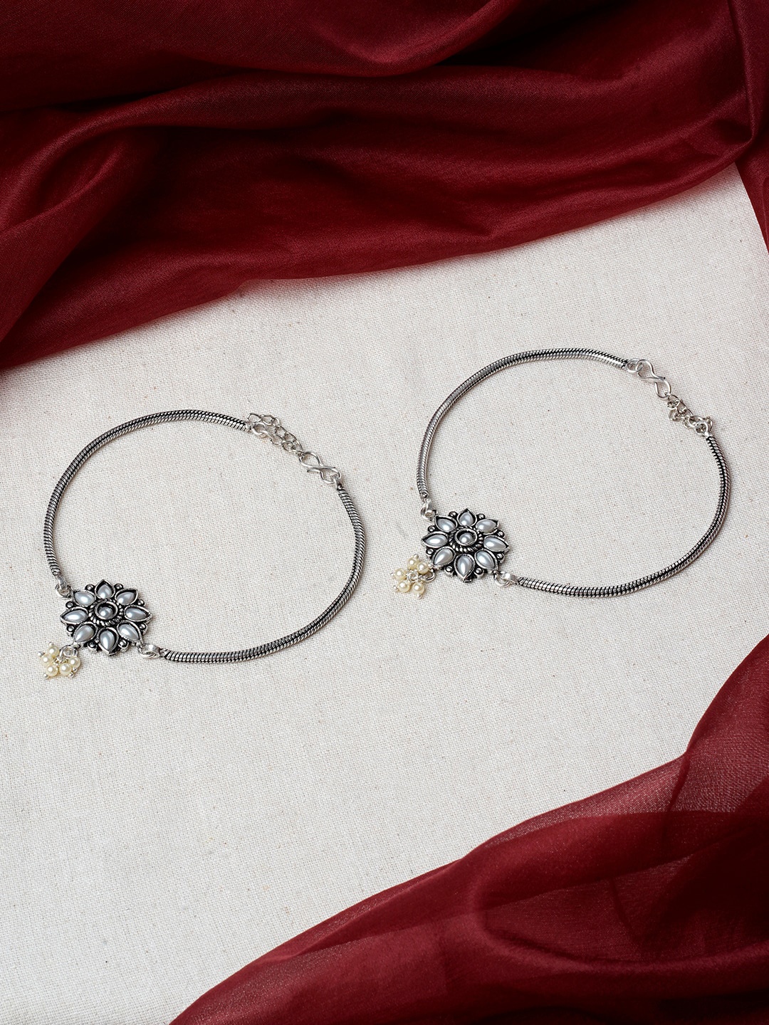 

TEEJH Set Of 2 Silver-Plated Beaded Oxidised Anklets