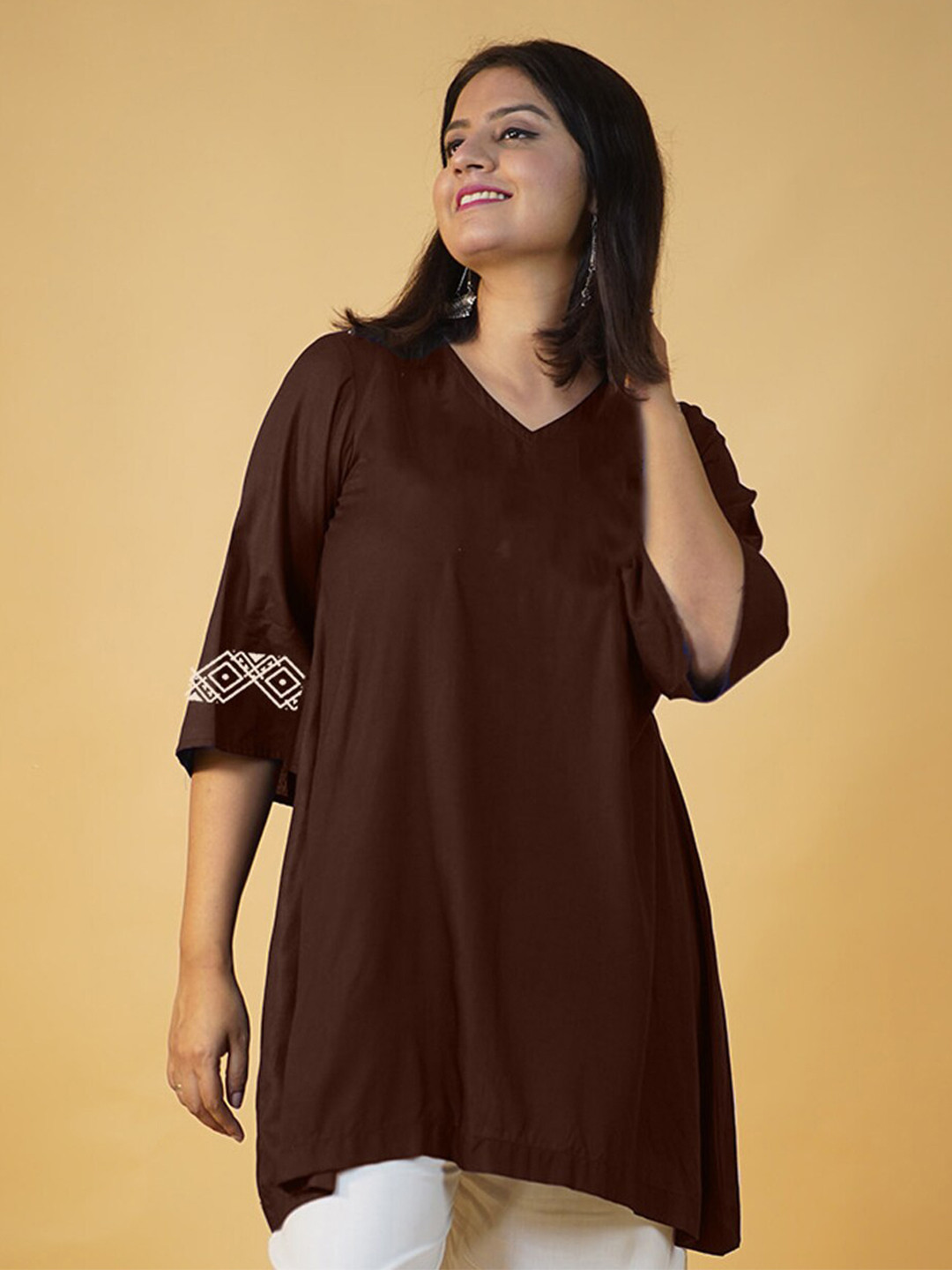 

LetsDressUp V-Neck A-Line Kurti, Coffee brown