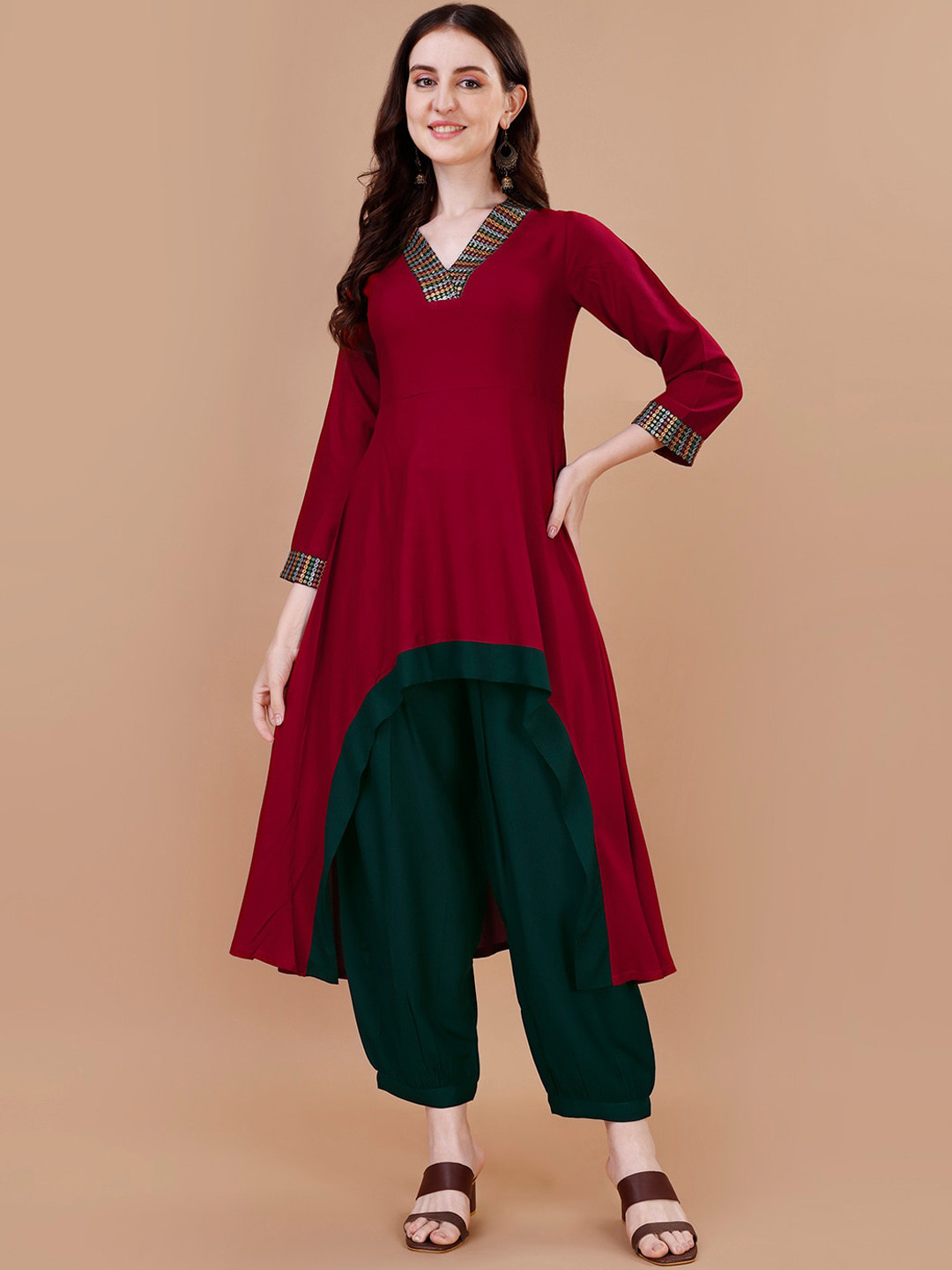 

KALINI Yoke Design Sequinned High-Low A-line Kurta with Trousers, Red