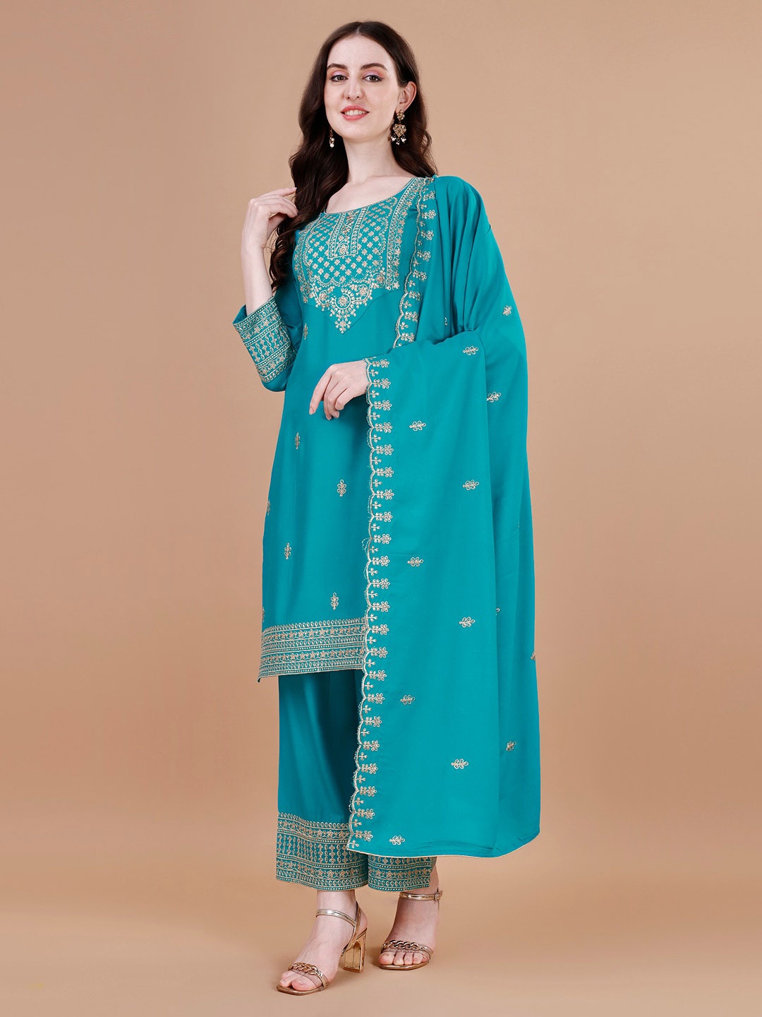 

KALINI Ethnic Motifs Embroidered Thread Work Kurta with Trousers & Dupatta, Teal