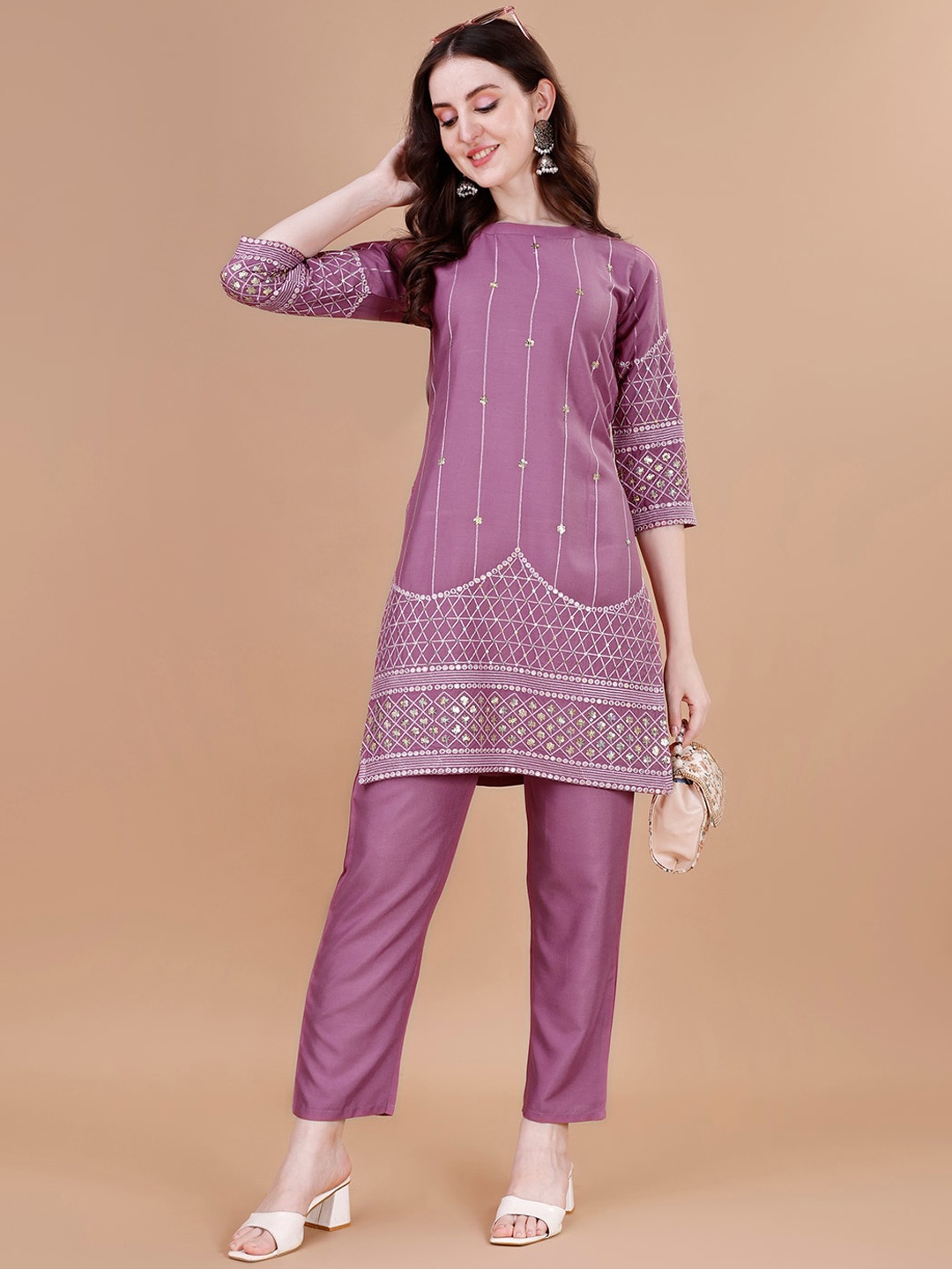 

KALINI Ethnic Motifs Embroidered Regular Sequinned Kurta with Trousers, Pink