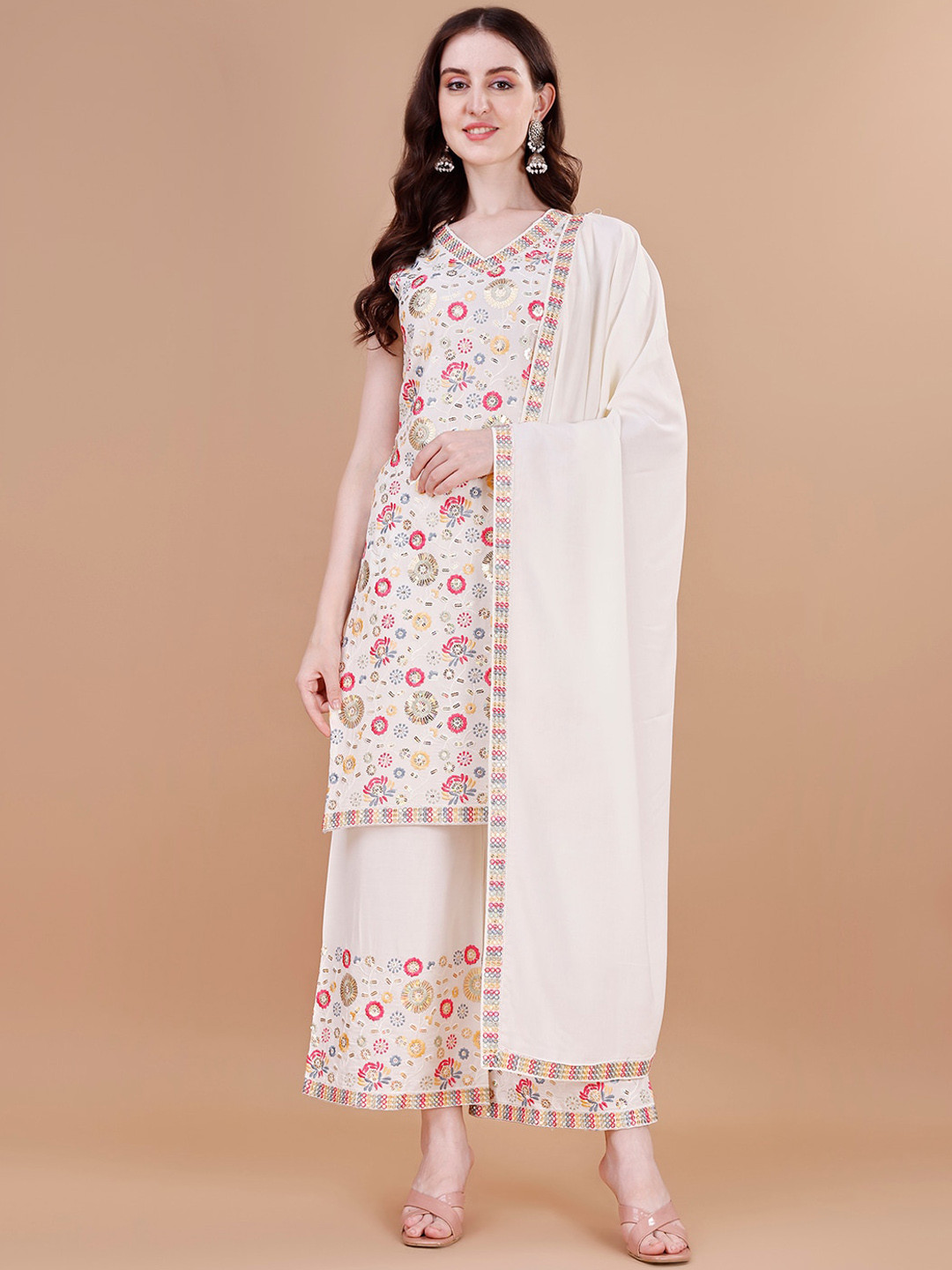 

KALINI Floral Embroidered Sequinned Kurta With Palazzos & Dupatta, White