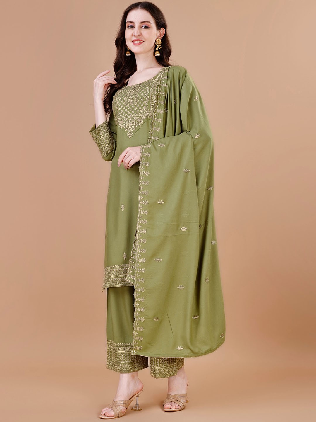 

KALINI Ethnic Motifs Embroidered Straight Kurta with Palazzos & Dupatta, Fluorescent green