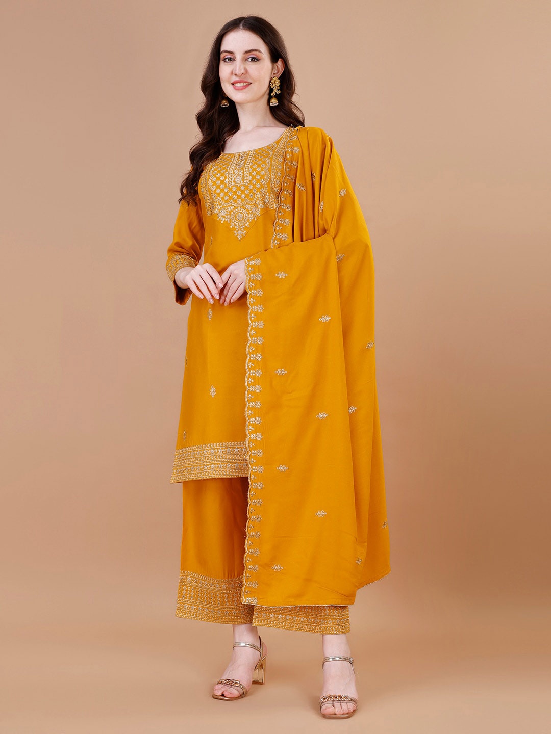 

KALINI Ethnic Motifs Embroidered Thread Work Kurta with Trousers & Dupatta, Yellow