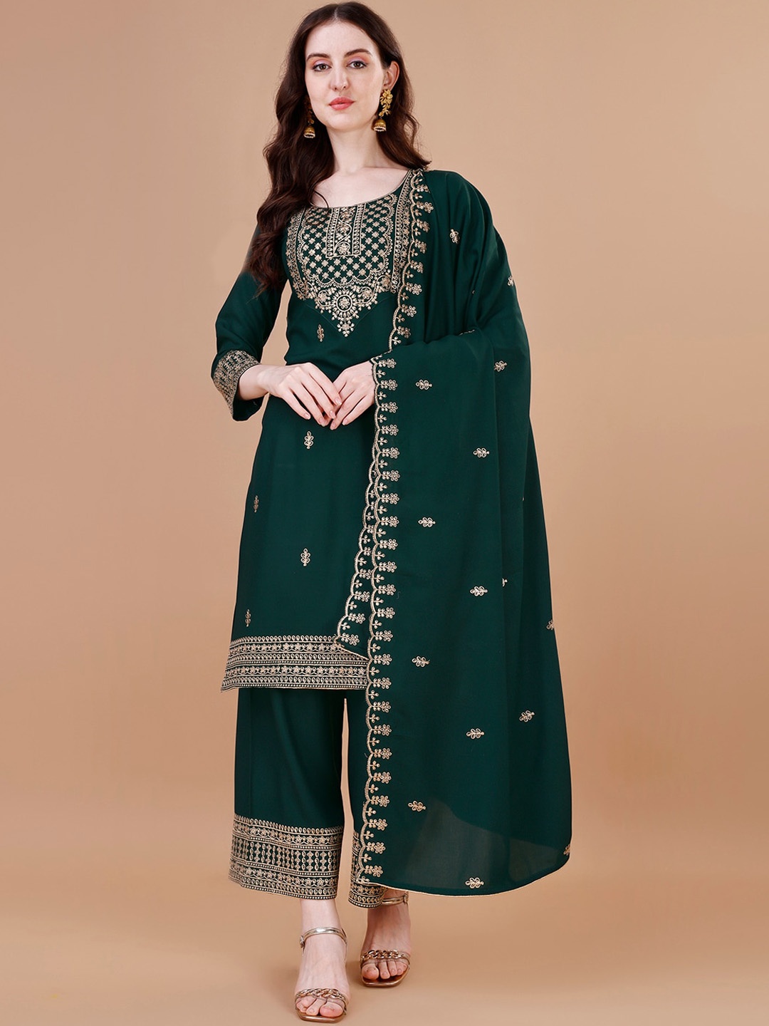 

KALINI Ethnic Motifs Embroidered Sequinned Kurta With Palazzos & Dupatta, Green