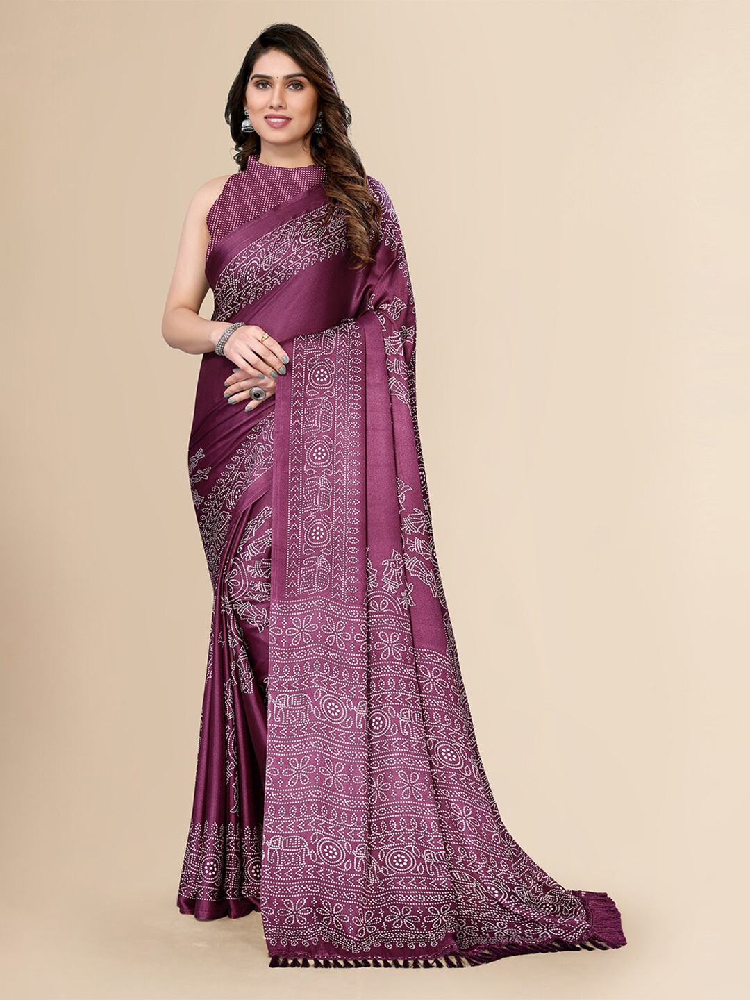 

FABMORA Ethnic Motifs Printed Pure Chiffon Saree, Purple