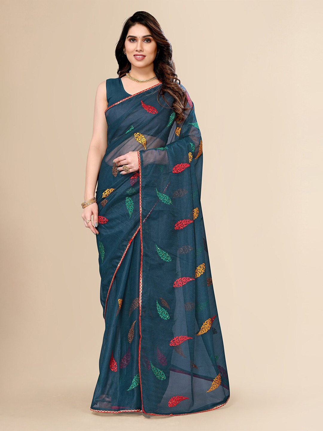 

FABMORA Floral Embroidered Net Saree, Blue